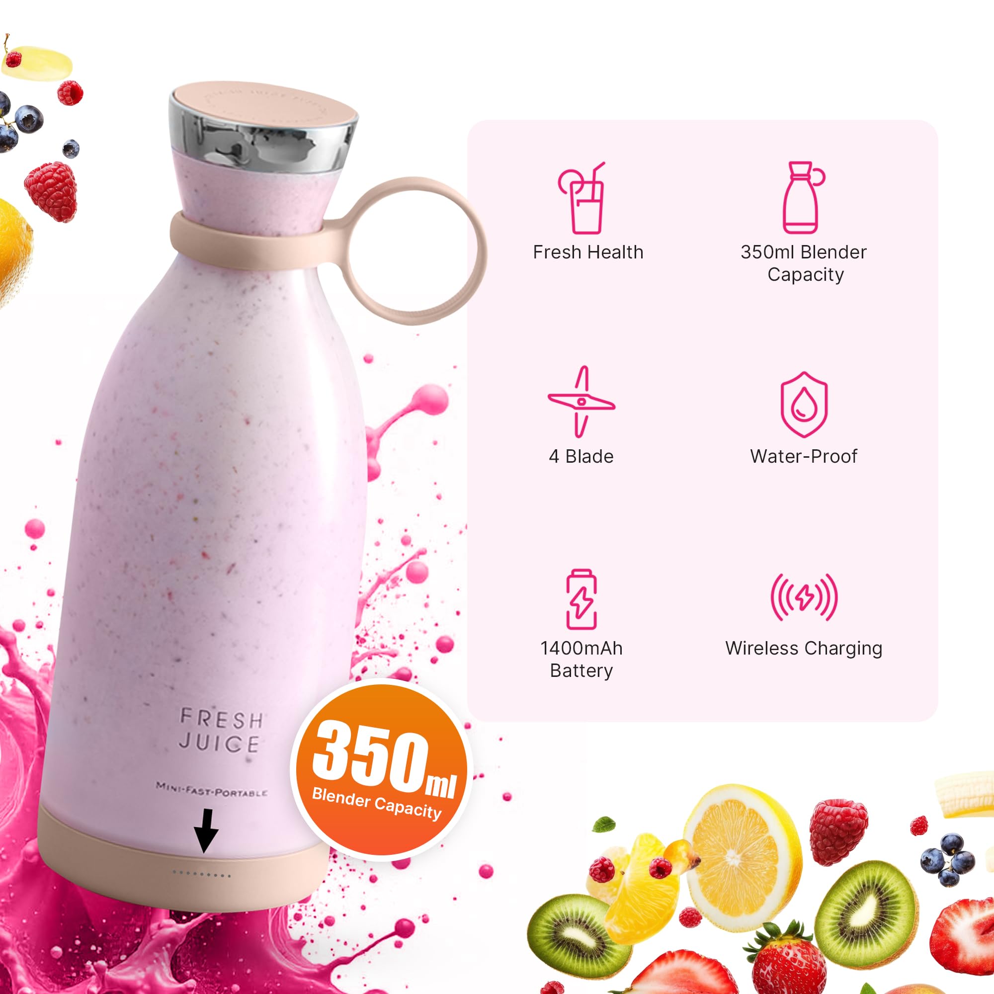 Slenderblender® 350ML Portable Blender - USB Rechargeable Mini Smoothie Maker for Shakes, Juices & Protein Drinks | Personal Blender Bottle with Wireless Charging | Perfect for Travel, Gym, Office & Home Use | Compact Fruit Blender for Healthy Lifestyles