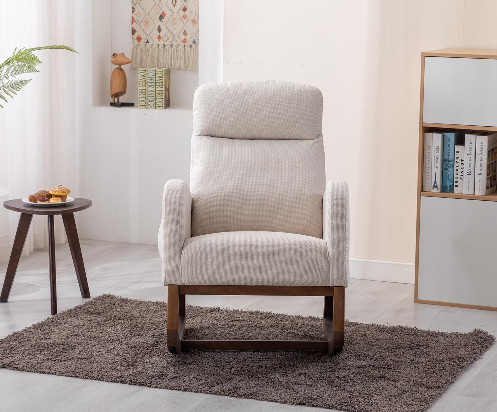 Modern Upholstered Glider Rocking Chair with Side Pocket - High Back Support Nursery Rocker, Solid Wood Base Accent Armchair for Living Room, Bedroom, Nursery & Office - Perfect for Breastfeeding, Reading & Relaxing (Beige)
