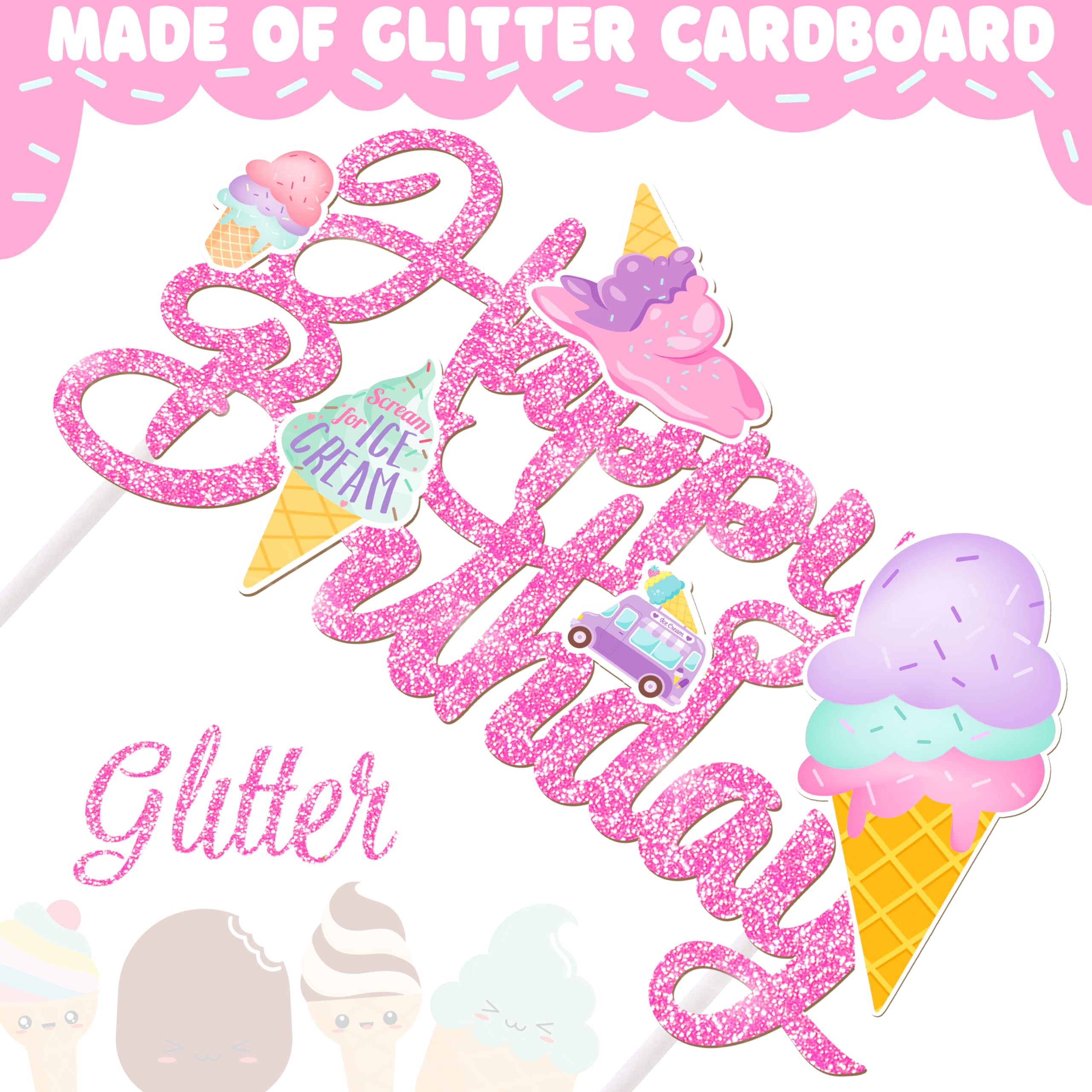 Pink Glitter Ice Cream Cake Topper - Happy Birthday Party Decorations for Kids, Boys & Girls | Ice Cream Themed Birthday Cake Decor & Summer Party Supplies | Perfect for Birthday Cakes, Cupcakes & Ice Cream Themed Parties