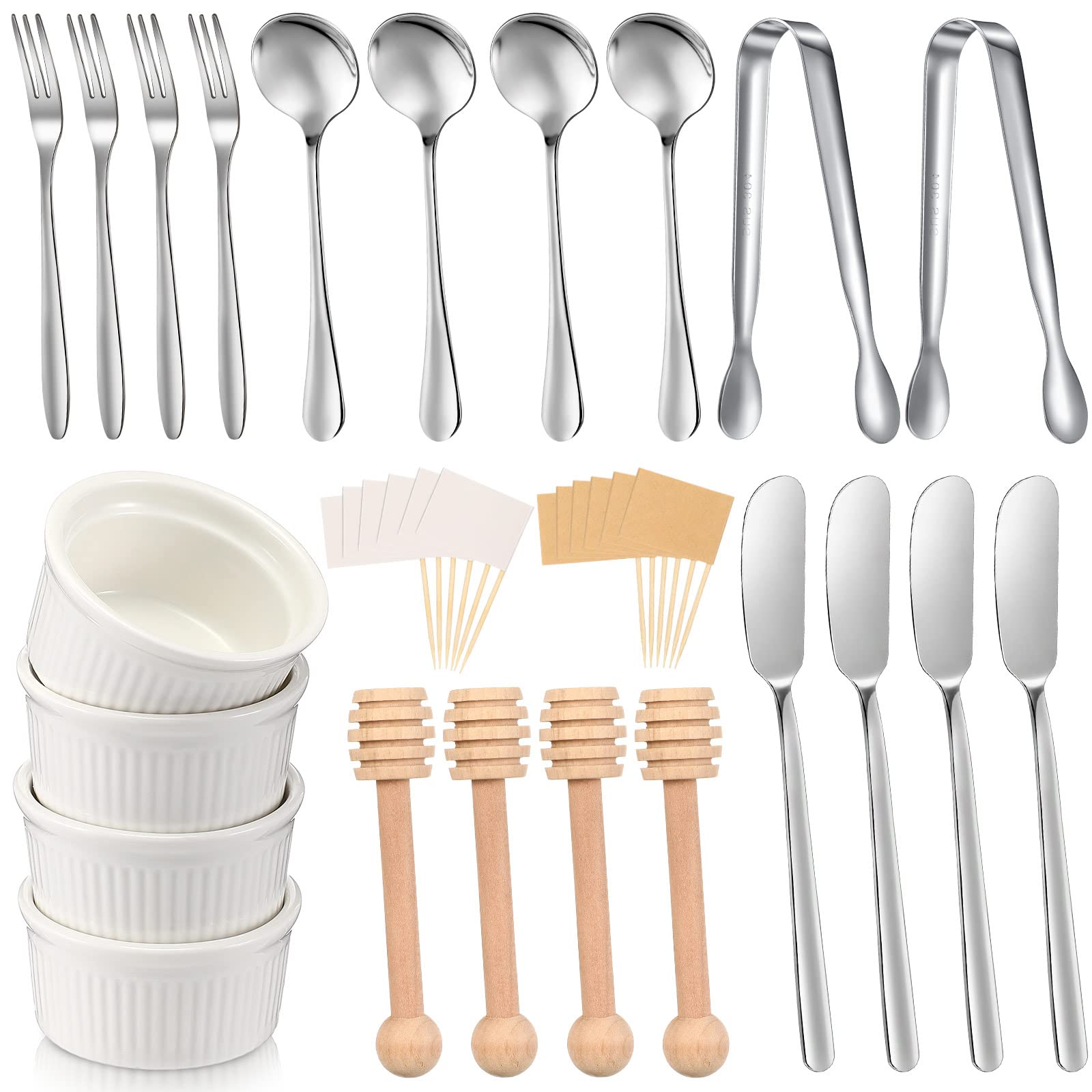 Premium Charcuterie Board Set - 18-Piece Cheese & Charcuterie Knives, Serving Tongs, Spoons, Forks with Honey Dipper & Toothpick Flags - Elegant Silver Stainless Steel Utensils for Cheese Platters, Wine Parties & Holiday Entertaining