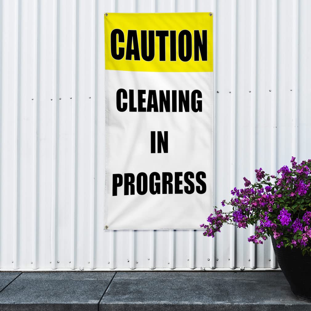 Vertical Vinyl Banner - 96x48 Inches Weatherproof Outdoor Sign with 8 Grommets for Business, Caution Cleaning in Progress, Industrial Yard Advertising | Perfect for Construction Sites, Retail Promotions & Safety Warnings