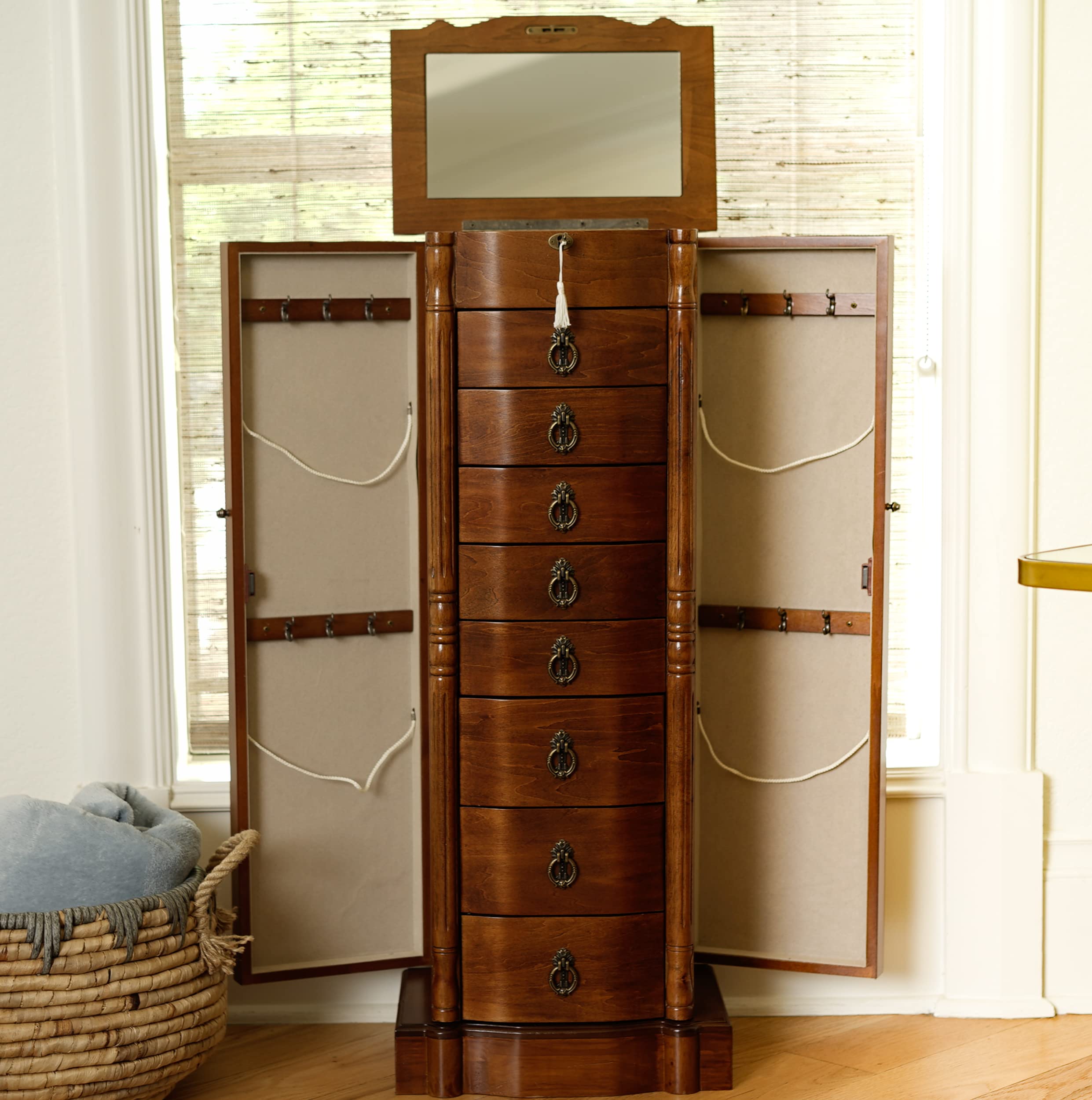 Hives and Honey Sheffield Standing Armoire Jewelry Cabinet - Walnut Wood Jewelry Storage Organizer with Mirror | Perfect for Bedroom, Closet & Dressing Room Organization