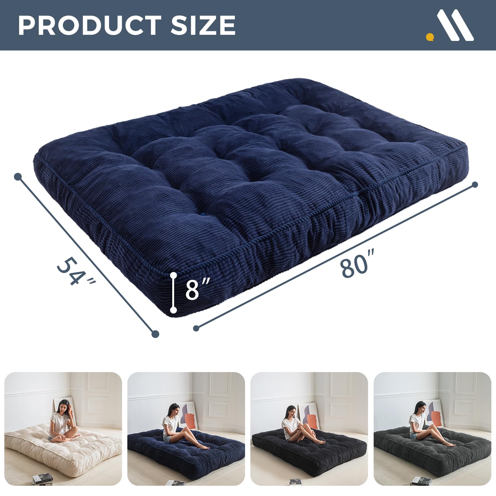 MAXYOYO 8-Inch Tufted Futon Sofa Bed with Thick Corduroy Fabric - Convertible Floor Mattress for Adults (Navy Blue) - Perfect for Small Spaces, Guest Rooms & Dorm Rooms