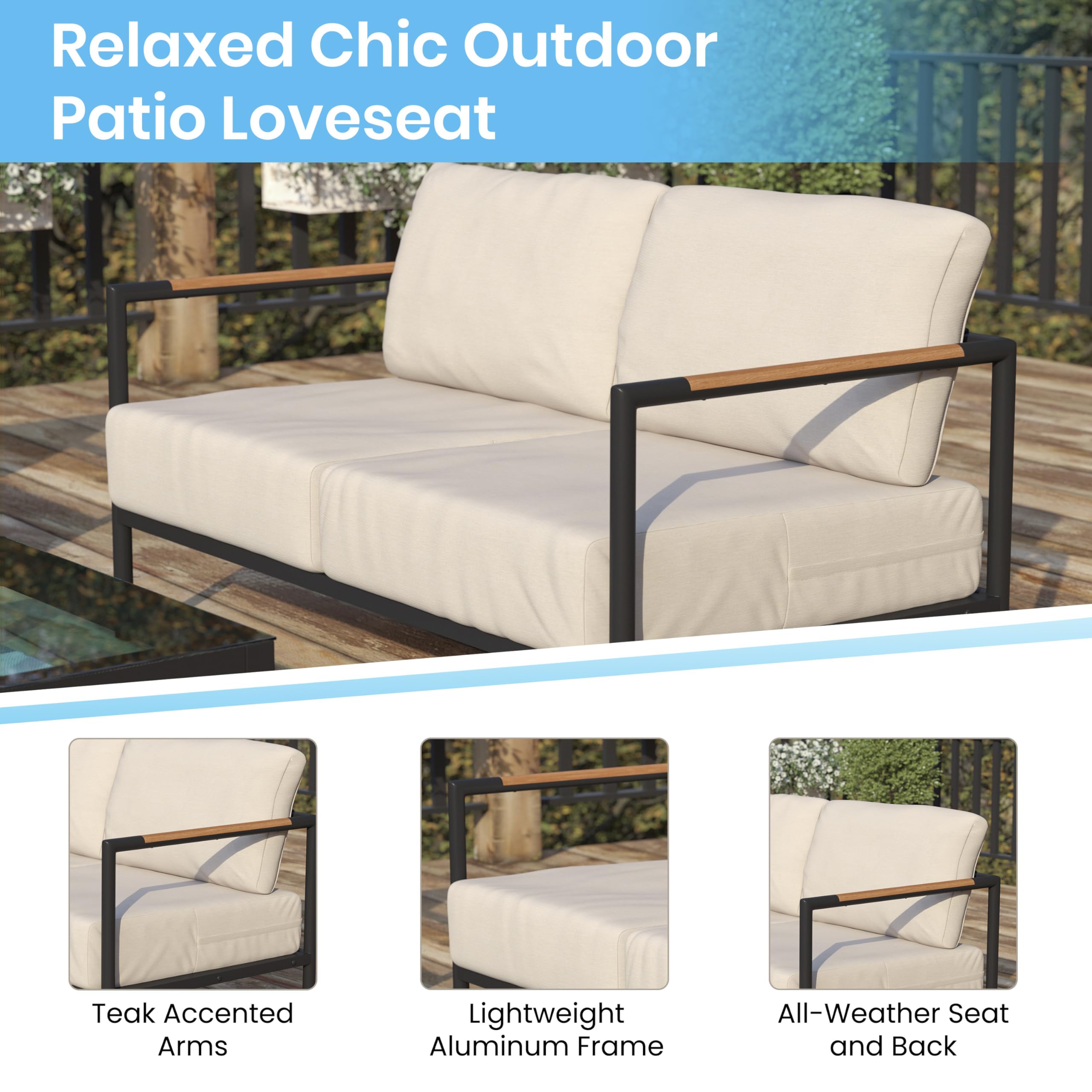 Merrick Lane Eastport Outdoor Loveseat with Removable Beige Fabric Cushions & Black Teak Accented Aluminum Frame - Perfect for Patio, Garden, Poolside or Deck Relaxation