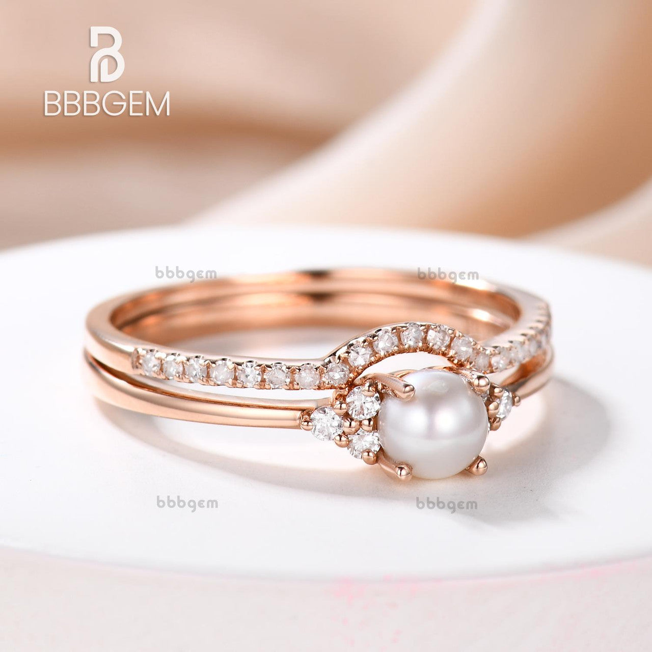 Rose Gold Pearl & Diamond Engagement Ring Set - Vintage Art Deco Bridal Stacking Rings for Women, Anniversary & Birthstone Gift (2-Piece Set) | Perfect for Weddings, Proposals & Special Occasions