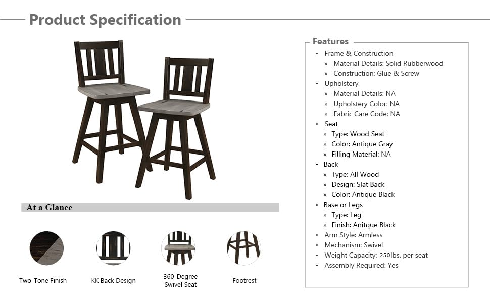 Modern Swivel Counter Height Bar Stools Set of 2 - Solid Wood Kitchen Island Stools with High Back, Footrest & Vertical Slat Design - 24