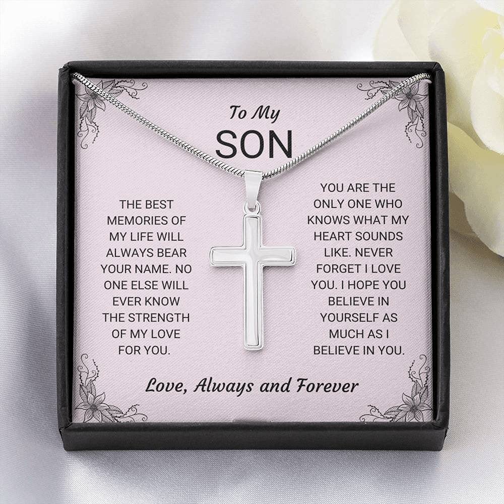 Handcrafted Personalized Cross Necklace for Son - Unique Gift from Mom or Dad - Best Memories Keepsake - Graduation, Birthday & Special Occasion Jewelry
