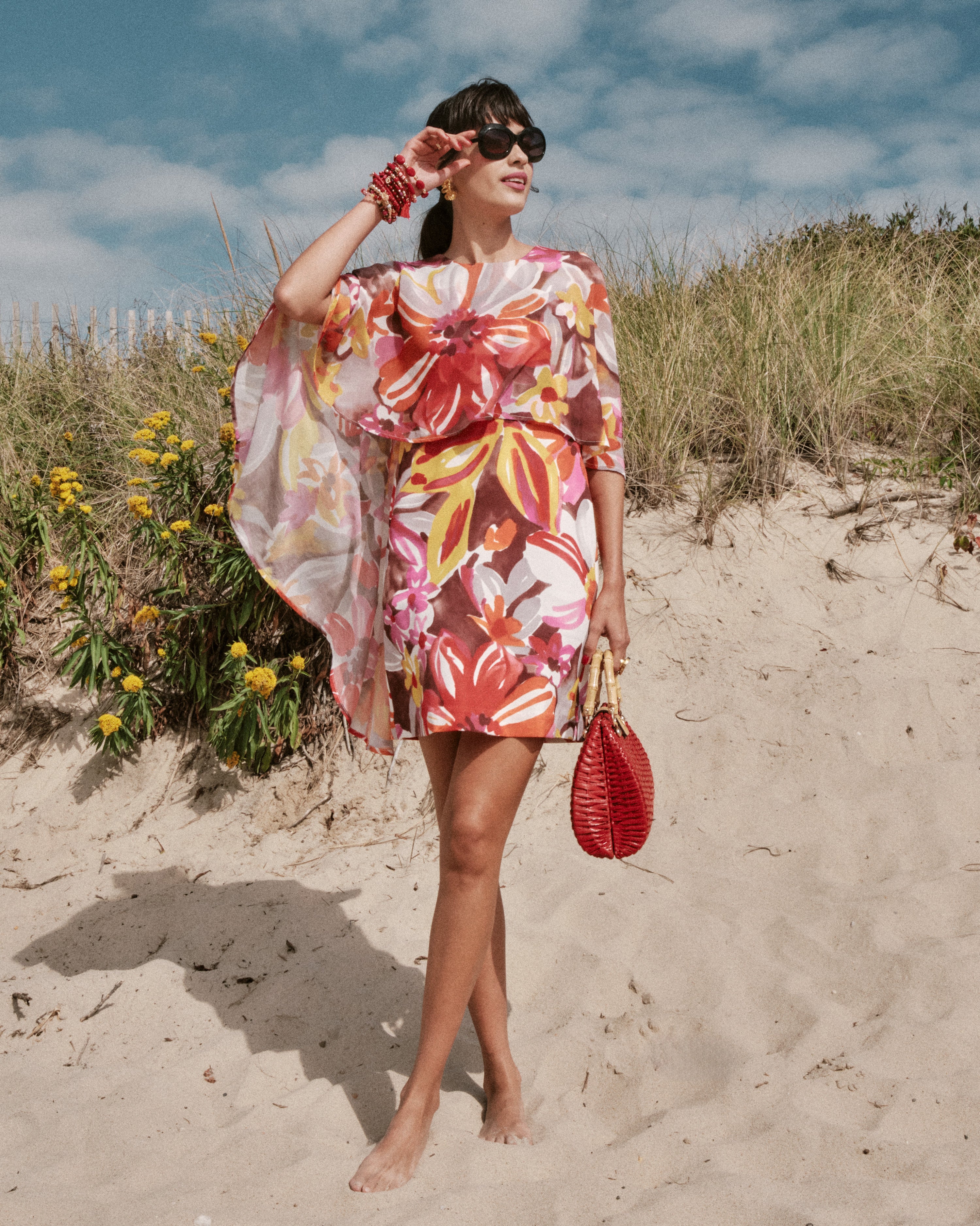 Mini Cape Dress with Sun Floral Print - Elegant Boho Summer Dress for Women | Perfect for Beach, Vacation & Outdoor Events