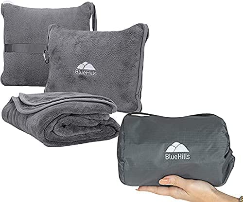 Premium Soft Travel Blanket & Pillow Set of 2 - Ultra Compact Airplane Blanket with Carrying Case & Strap | Cozy Flight Accessories for Air Travel, Road Trips & Camping | Gray Grey