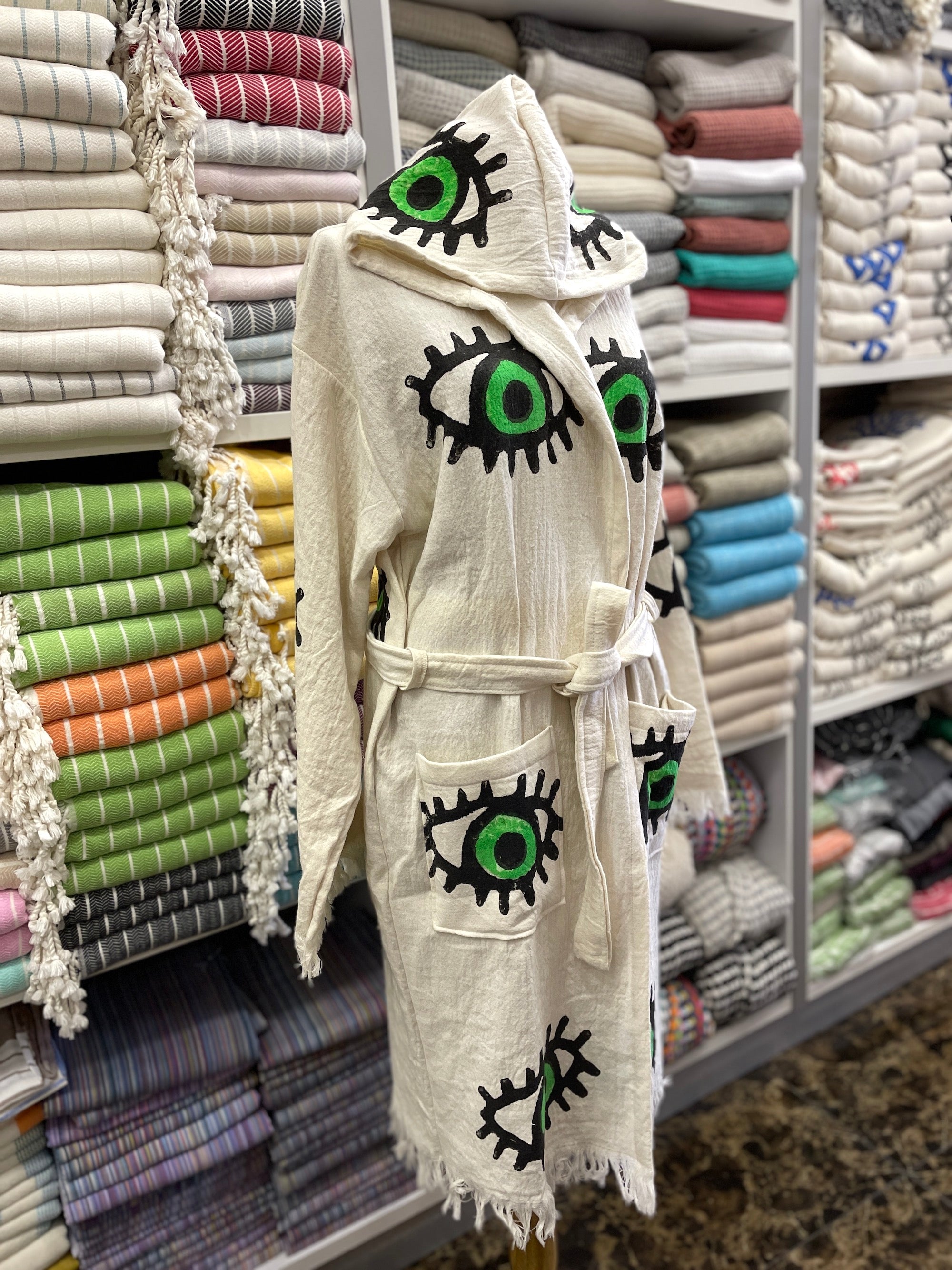 Turkish Cotton Kimono Robe with Evil Eye Design - Lightweight & Breathable Muslin Bathrobe for Women - Perfect for Spa, Beach Cover-Up, and Relaxation at Home