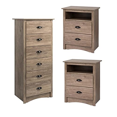 Modern 3-Piece Bedroom Furniture Set - 2 Tall 2-Drawer Nightstands & 6-Drawer Dresser Chest - Perfect for Master Bedroom, Guest Room or Apartment Decor
