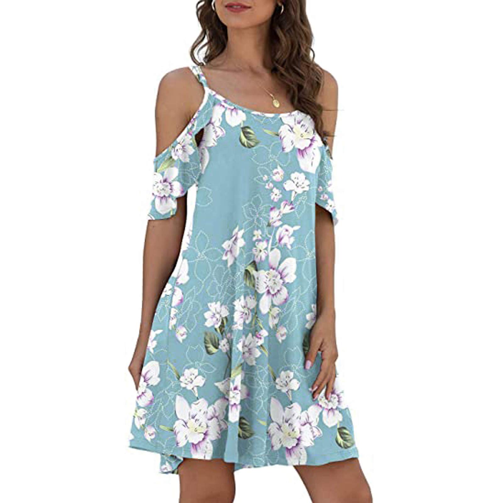 iZZZHH Women's Summer Casual Off-The-Shoulder Floral Print Mini T-Shirt Dress with Pockets - Perfect for Beach, Vacation, and Everyday Wear