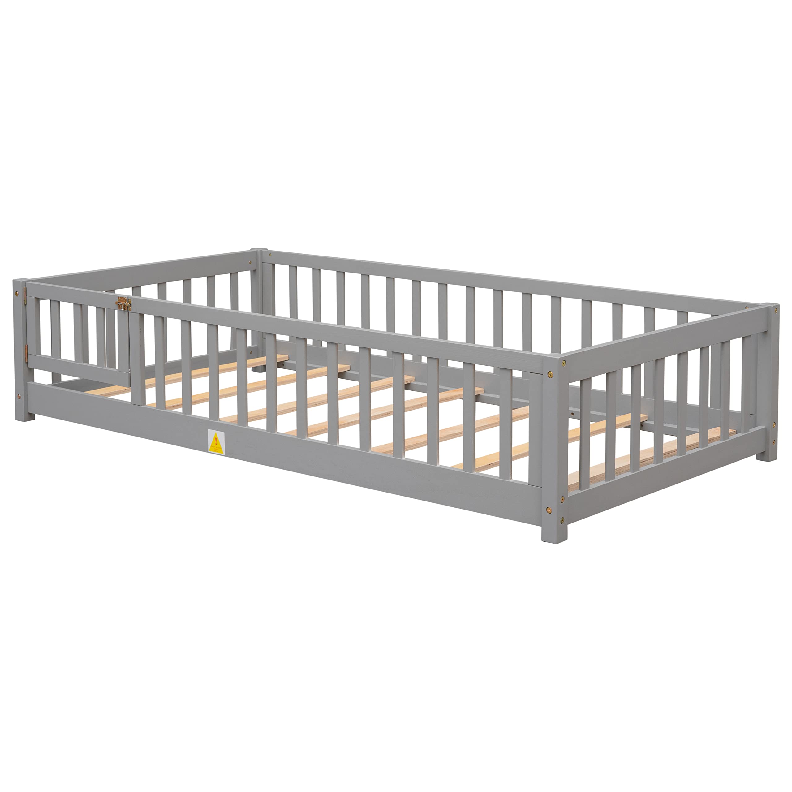 Twin Size Floor Platform Bed with Safety Fence - Wooden Playpen Bed for Kids & Toddlers - No Box Spring Needed - Grey - Perfect for Nursery, Daycare or Kids' Bedroom Safety