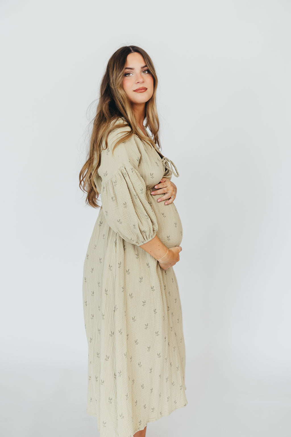 Hunter 100% Cotton Gauze Midi Dress in Thyme/Sage Foliage - Bump Friendly & Inclusive Sizing (XS-3XL) | Breathable Summer Dress for Maternity, Beach, and Casual Wear