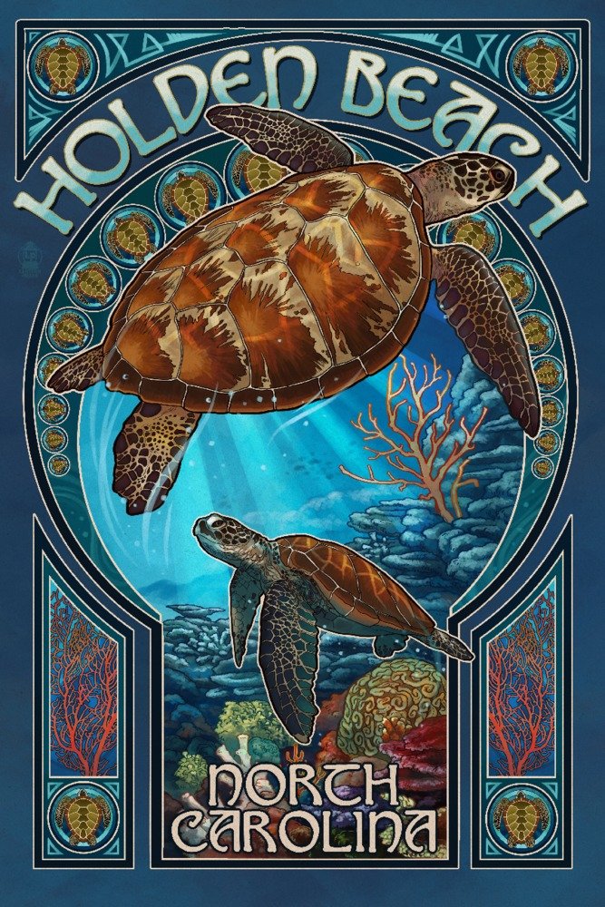 Sea Turtle Art Nouveau Metal Wall Decor - 24x36 Gallery Quality Aluminum Print - Holden Beach, North Carolina Coastal Art - Perfect for Beach House, Living Room, or Office Wall Decor