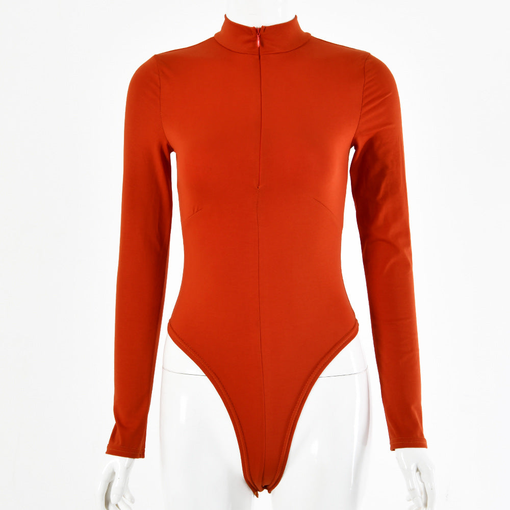 2025 Hot Selling Women's Sexy Solid Color Cotton Long Sleeve Zipper Onesie - Autumn Winter Tight Round Neck Jumpsuit for Party, Club & Date Night Outfits