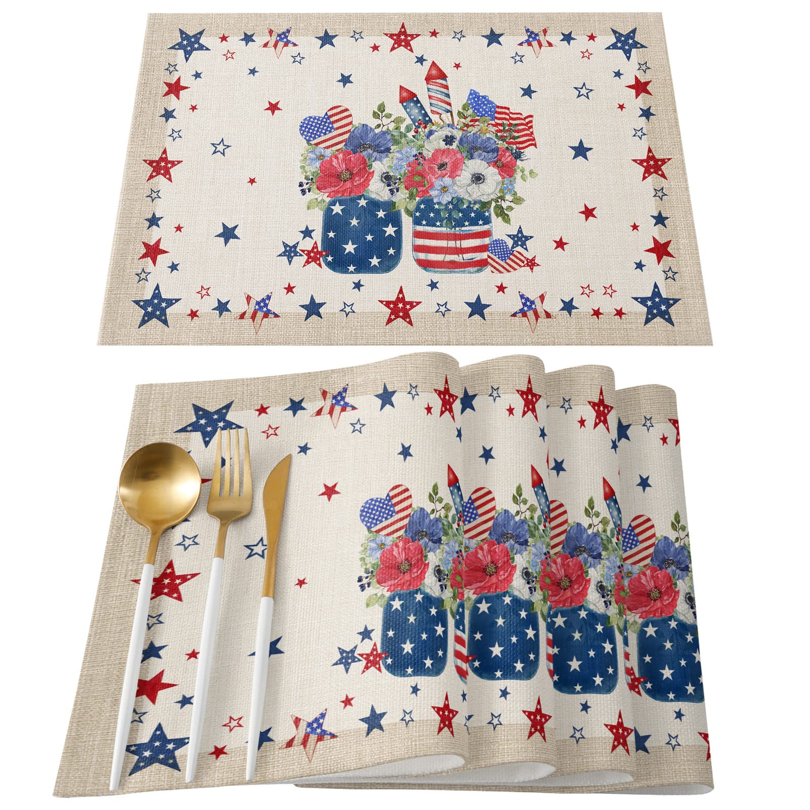 4th of July Placemats Set of 4 - Patriotic Red White & Blue Cotton Linen Heat-Resistant Table Mats for Holiday Dining, Kitchen Decor - Perfect for Independence Day Parties, BBQs & Family Gatherings