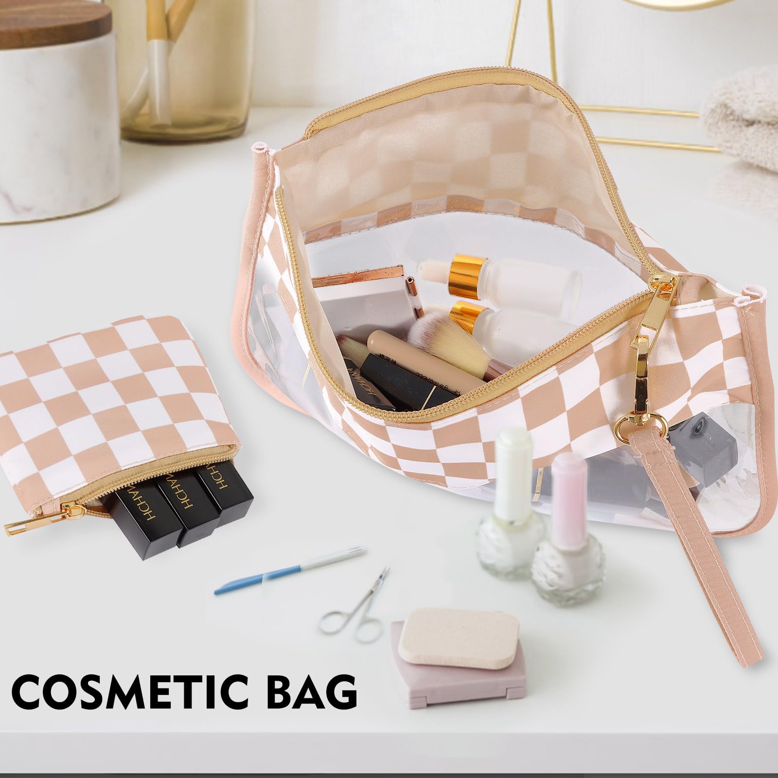 Checkered Clear Makeup Bag for Women - Waterproof Travel Toiletry Pouch & Cosmetic Organizer Storage Bag - Perfect for Travel, Gym, and Daily Essentials (Great Gift Idea)