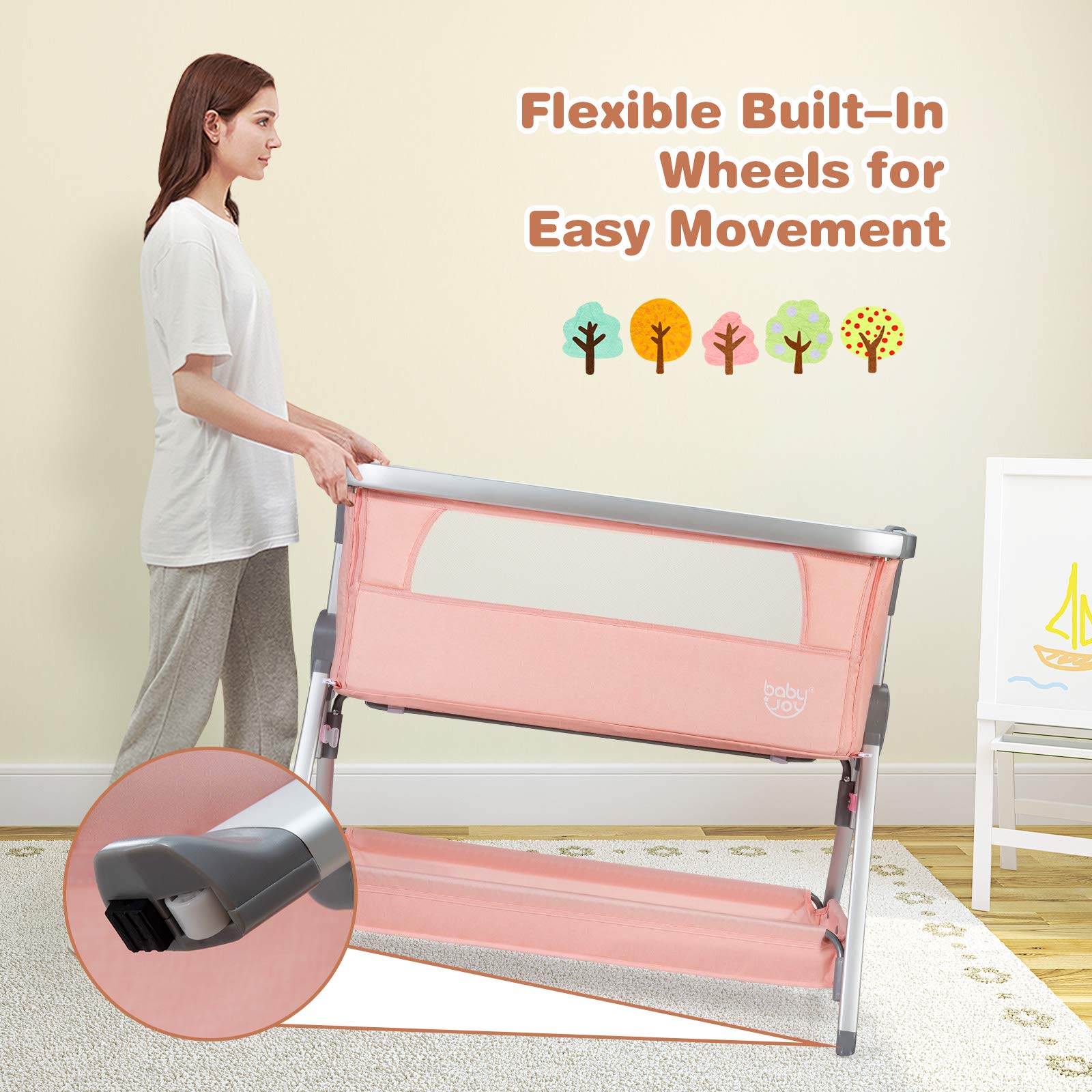 **BABY JOY Portable Bedside Bassinet for Newborns - Adjustable Height, Breathable Mesh, Wheels & Storage - Baby Crib with Mattress for Nursery, Travel & Home Use - Pink**