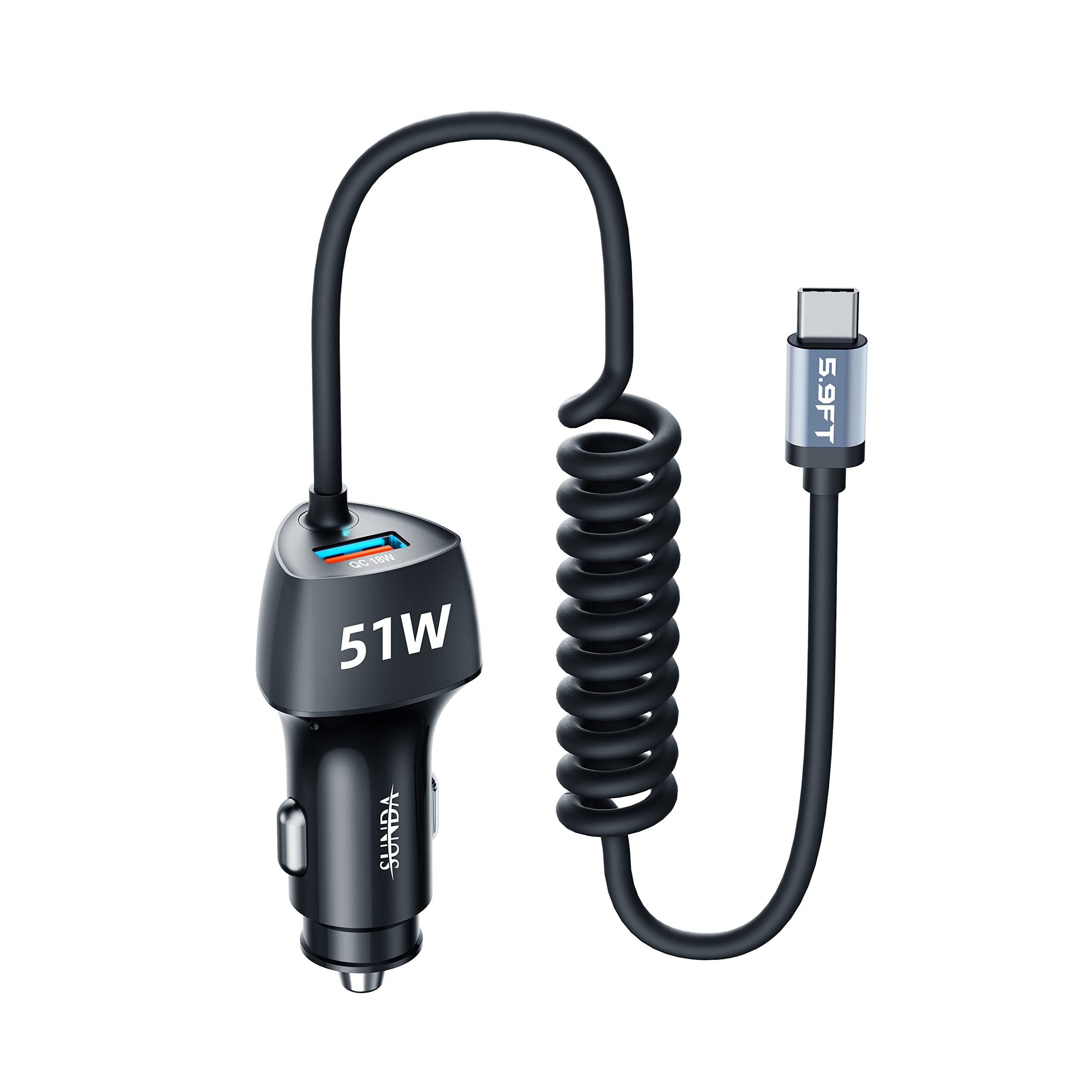 SUNDA 51W USB C Fast Car Charger with 5.9FT Type C Cable - Dual Port PPS 33W/PD 30W/QC 18W - Compatible with Samsung Galaxy S22/S21/A12/A20/A51/Note22 - Perfect for Road Trips & Daily Commute Charging