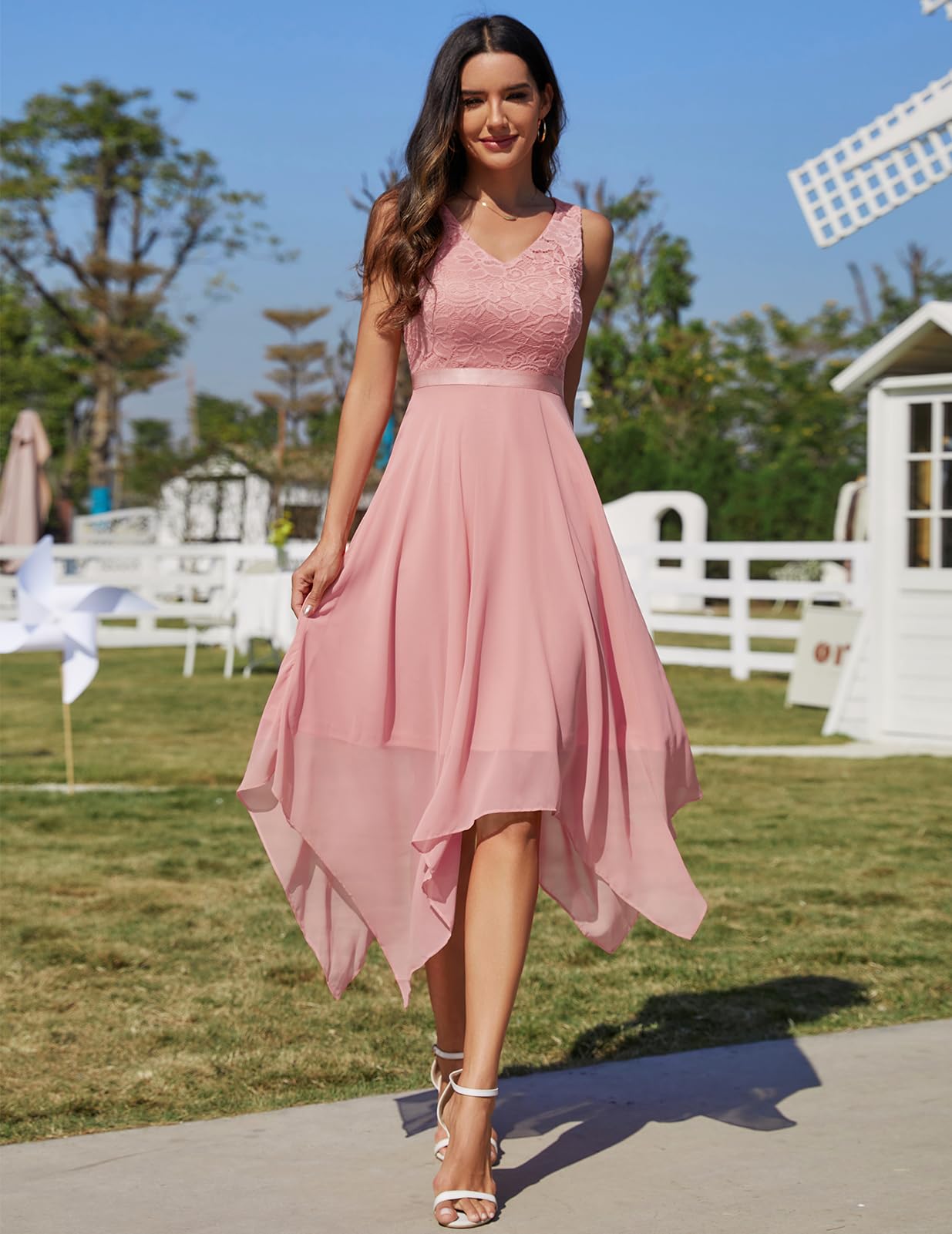 Meetjen Women's Elegant Lace Cocktail Party Dress 2025 - Handkerchief Hem Bridesmaid Prom Formal Gown for Wedding Guest | Perfect for Evening Parties, Bridal Showers & Special Occasions