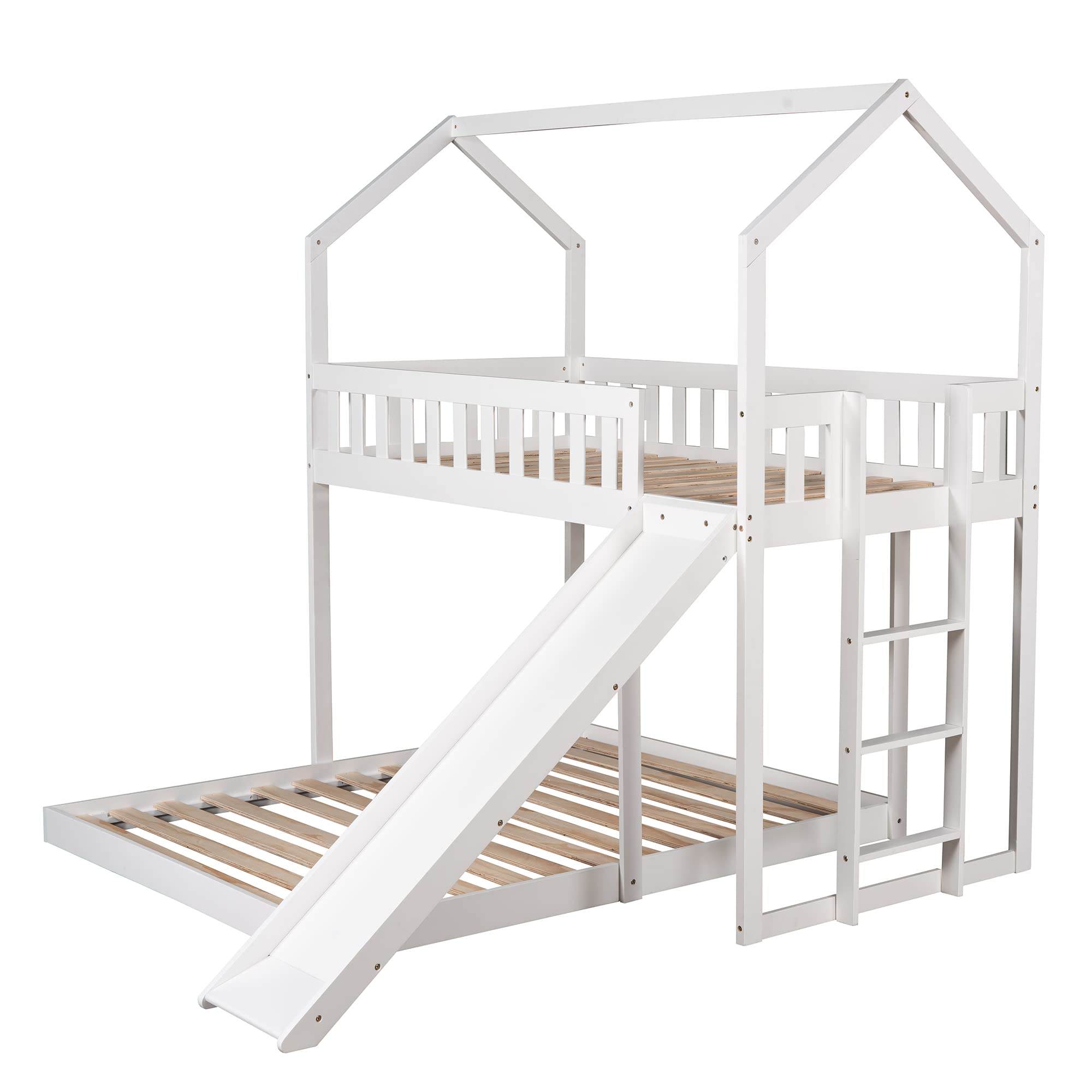 LZ LEISURE ZONE Twin Over Full Bunk Bed with Slide - Sturdy House Bunk Bed Frame with Built-in Ladder & Full-Length Guardrail - Perfect for Kids, Teens, Boys, Girls & Adults - White - Ideal for Small Bedrooms, Shared Kids Rooms & Space-Saving Sleep Solutions