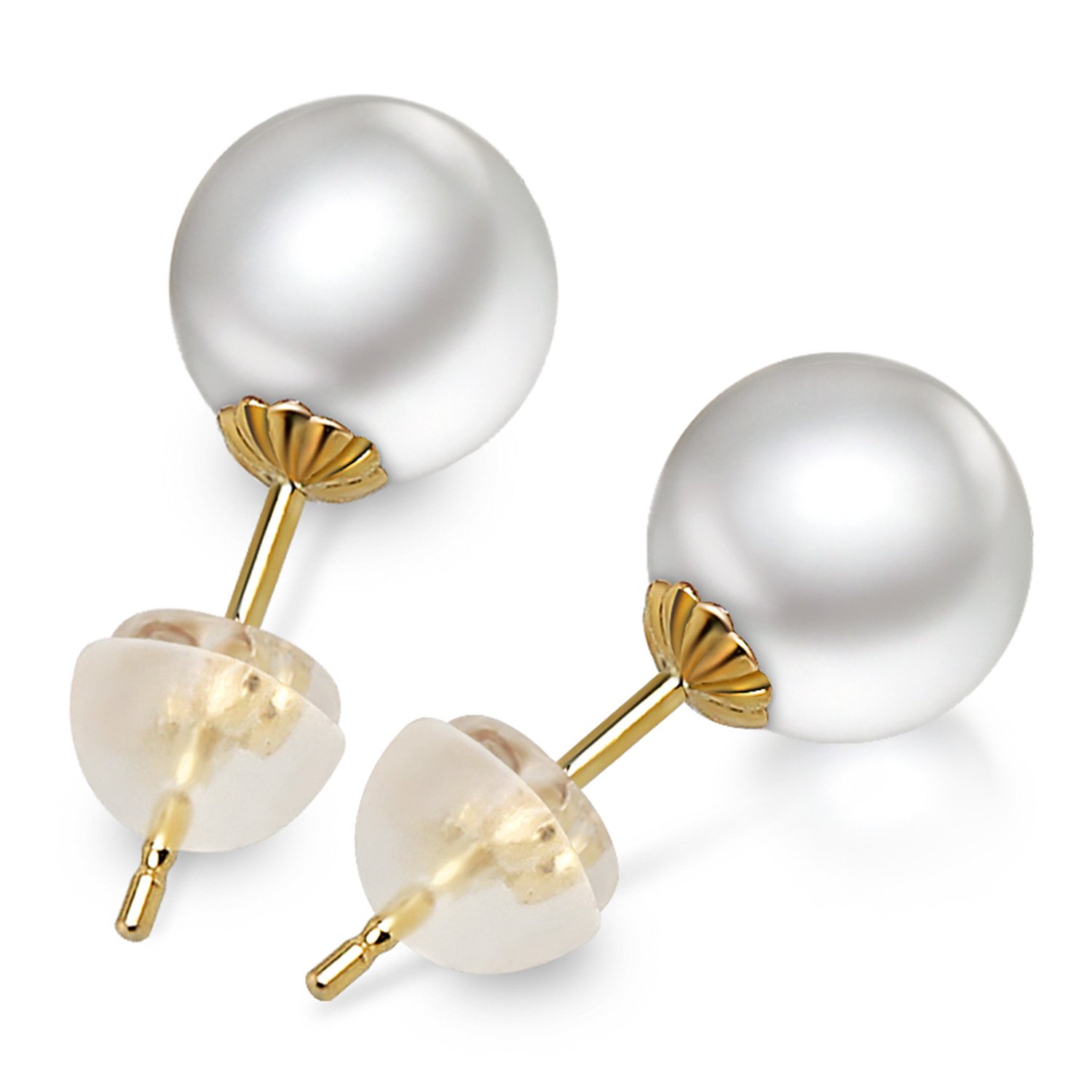 18K Gold & Sterling Silver Akoya Pearl Stud Earrings for Women - Round White Cultured Seawater Pearls - Perfect Gift for Anniversary, Birthday & Special Occasions