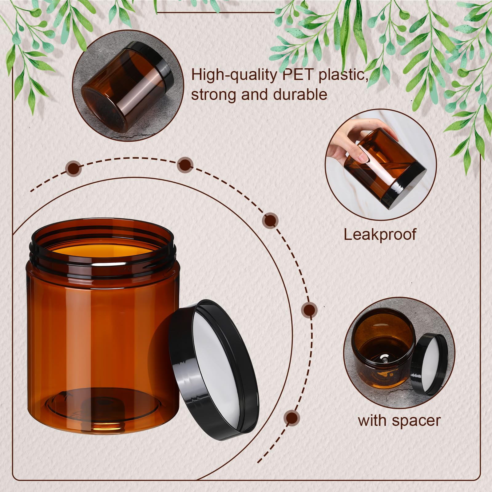 24 Pcs 16 oz Amber Plastic Jars with Lids - Leak Proof Round Cosmetic Containers for Creams, Lotions, Body Butter & Beauty Products | Refillable Travel Storage Jars for Oils, Ointments & Powders | Perfect for DIY Skincare, Home Organizing & Salon Use