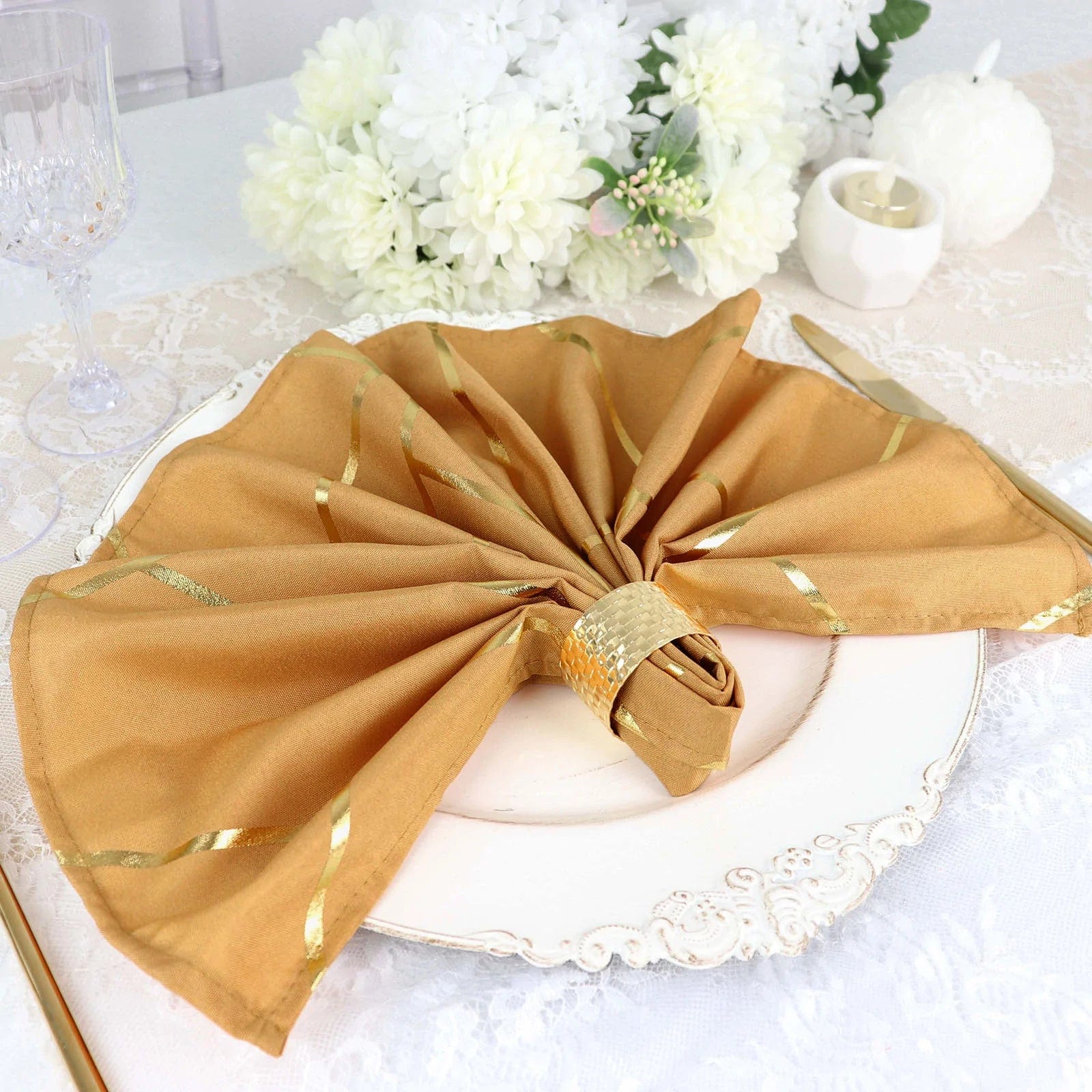 5-Pack 20x20 Inch Polyester Dinner Napkins with Metallic Geometric Design - Elegant Table Setting for Weddings, Parties & Formal Dining