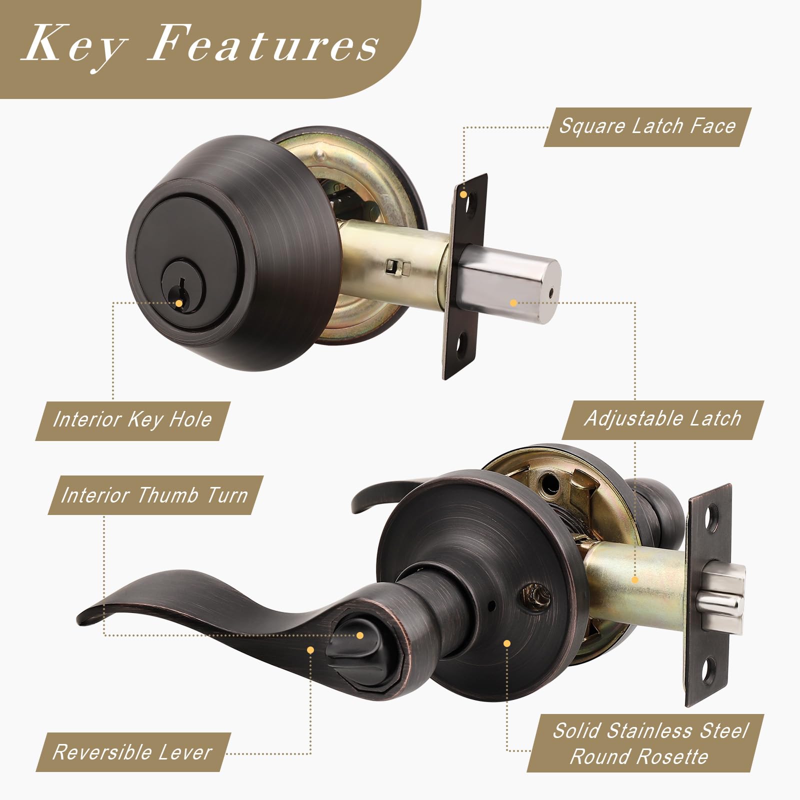 Oil Rubbed Bronze Exterior Door Handle with Deadbolt - Wave Style Keyed Entry Lockset for Home Security