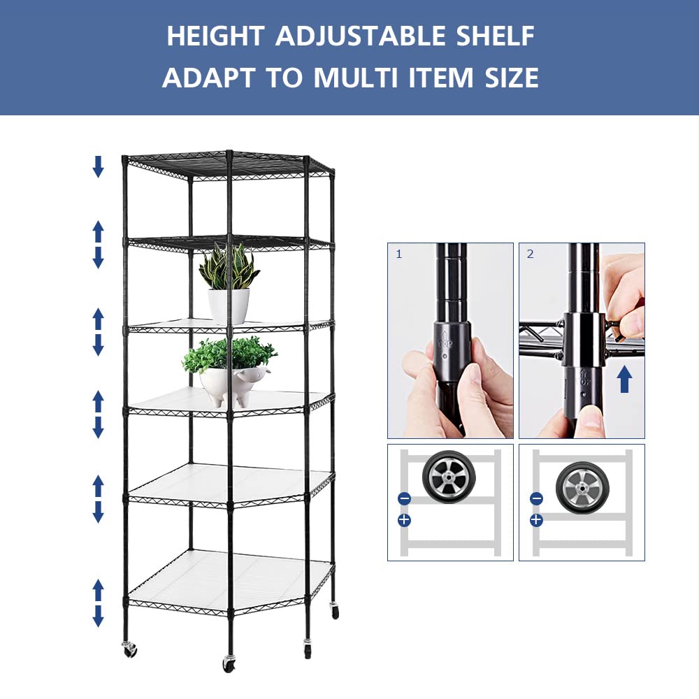 6-Tier Adjustable Corner Shelf with Wheels - Heavy Duty Metal Wire Storage Rack for Kitchen, Bathroom, Laundry, Pantry & Closet Organization (27