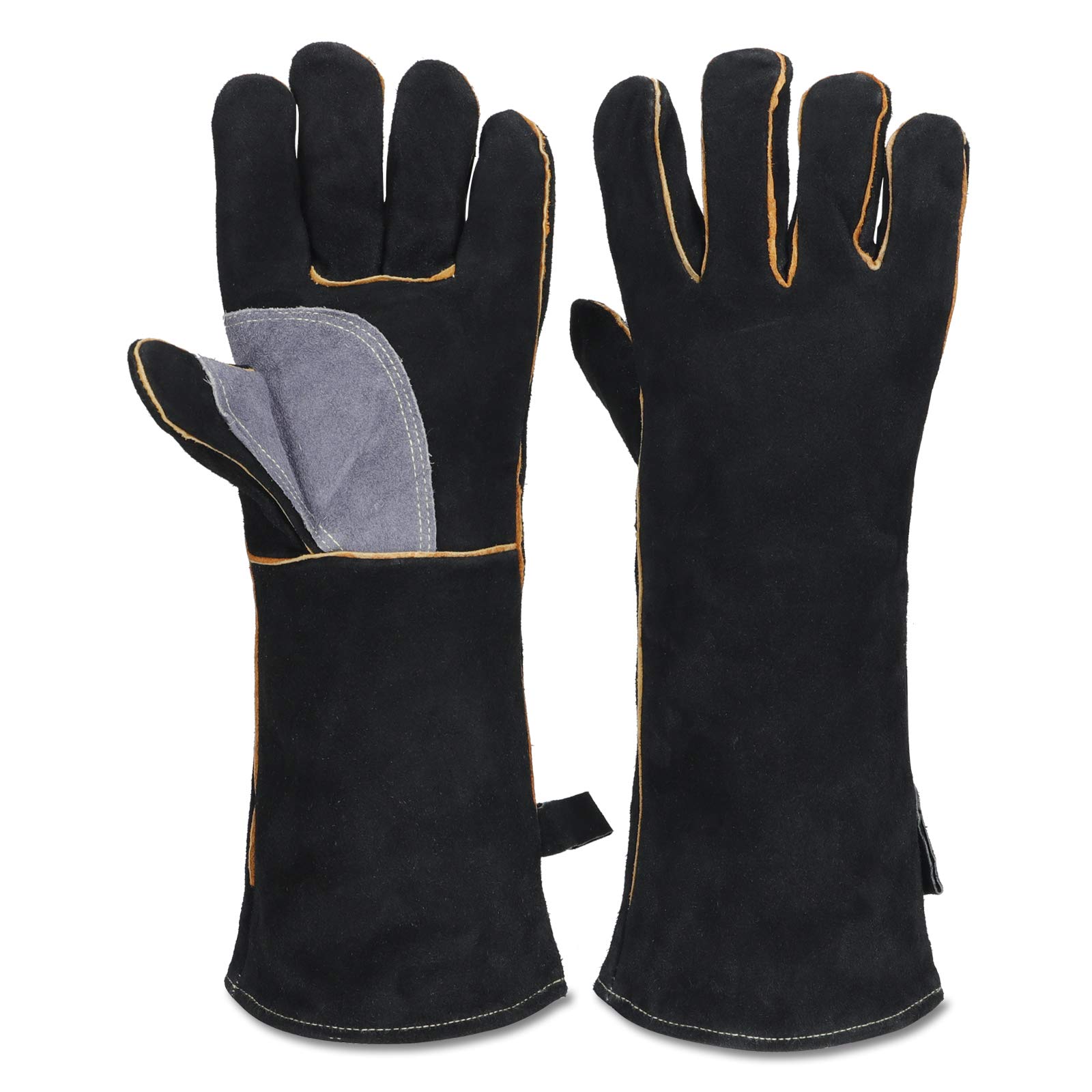 Heat & Fire Resistant Leather Gloves with Kevlar Stitching - Black/Gray - Perfect for Fireplace, Stove, Oven, Grill, Welding, BBQ, MIG, Pot Holders & Animal Handling - Ideal for Cooking, Metalworking & Outdoor Activities
