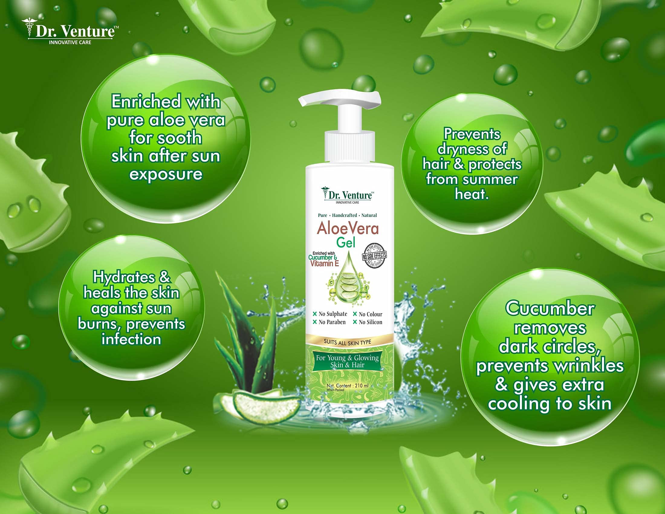 Dr Venture Aloe Vera Gel for Skin & Hair Care - 210ml + Neem, Tulsi & Amla Herbal Shampoo for Hair Loss & Dandruff Control - 200ml | Natural Moisturizer & Scalp Treatment for Daily Hair & Skin Care Routine