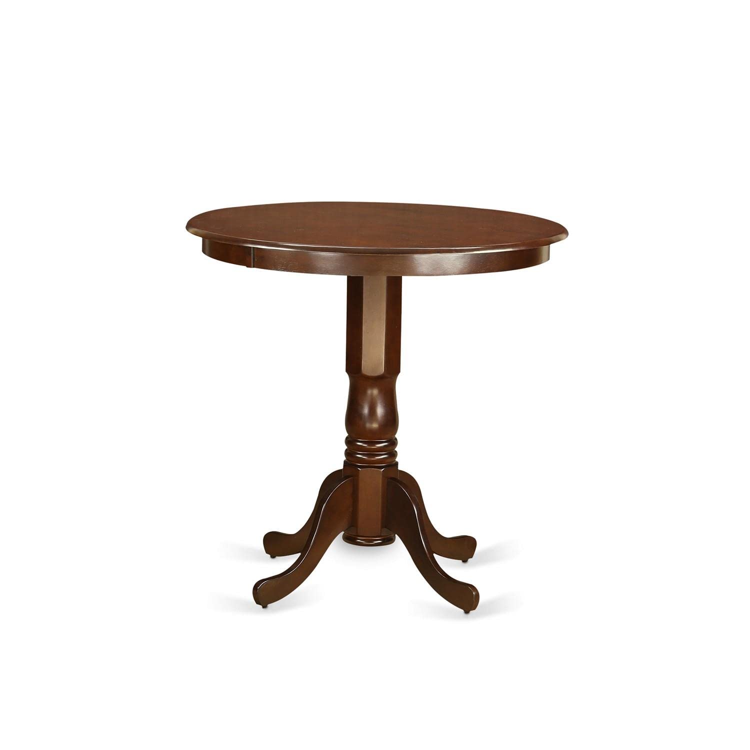 East West Furniture 3-Piece Counter Height Dining Set - 36x36 Inch Round Mahogany Wood Table with Pedestal Base & 2 Faux Leather Chairs - Perfect for Small Kitchen, Breakfast Nook, or Apartment Dining Space