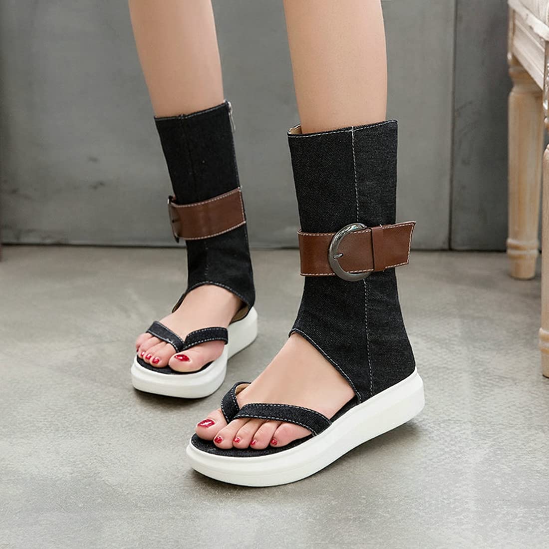 VOKLIN Women's Casual Denim Sandals with Buckle & Zipper - Comfortable Summer Flip Flops for Beach, Walking, and Outdoor Activities