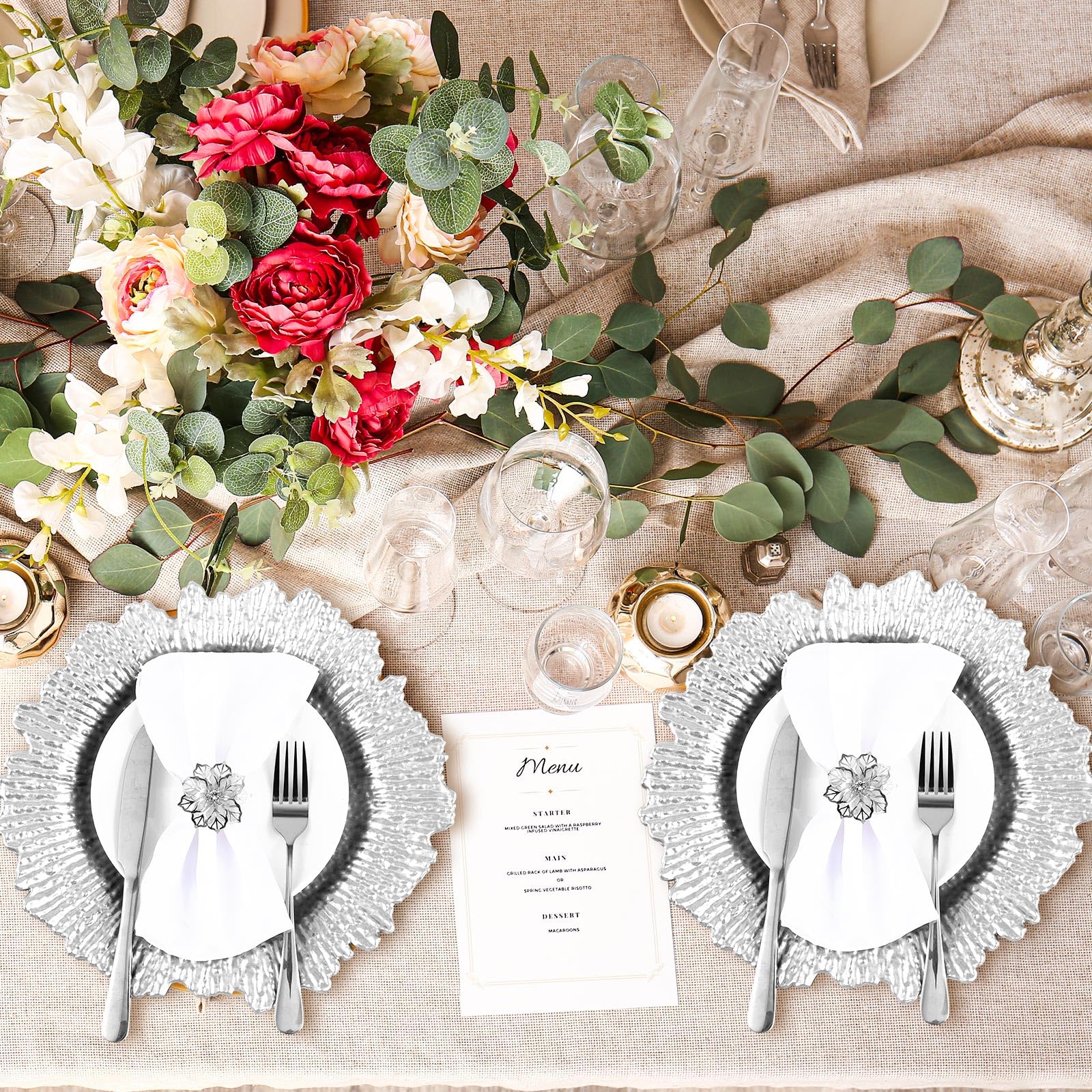 Dandat 50-Piece Silver Charger Plate Set with Floral Napkin Rings - 13 Inch Round Matte Plastic Dinner Plates for Wedding, Party & Table Decor - Elegant Hollow-Out Design for Formal Dining & Special Occasions