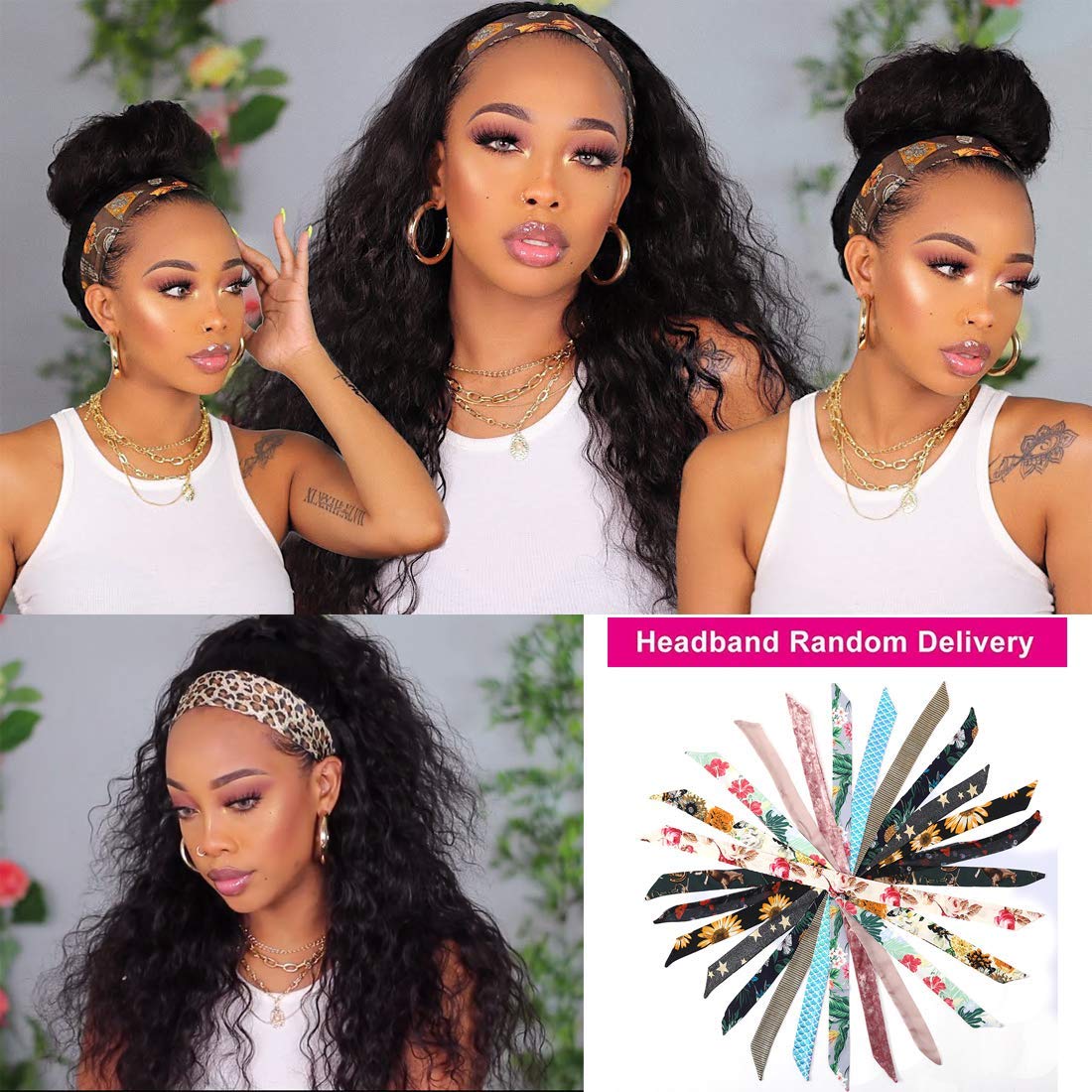 Beauty Forever Glueless Human Hair Wigs - 18 Inch Water Wave Headband Wig with Pre-Attached Scarf, 150% Density, Natural Color for Women | Perfect for Daily Wear, Parties & Protective Styling