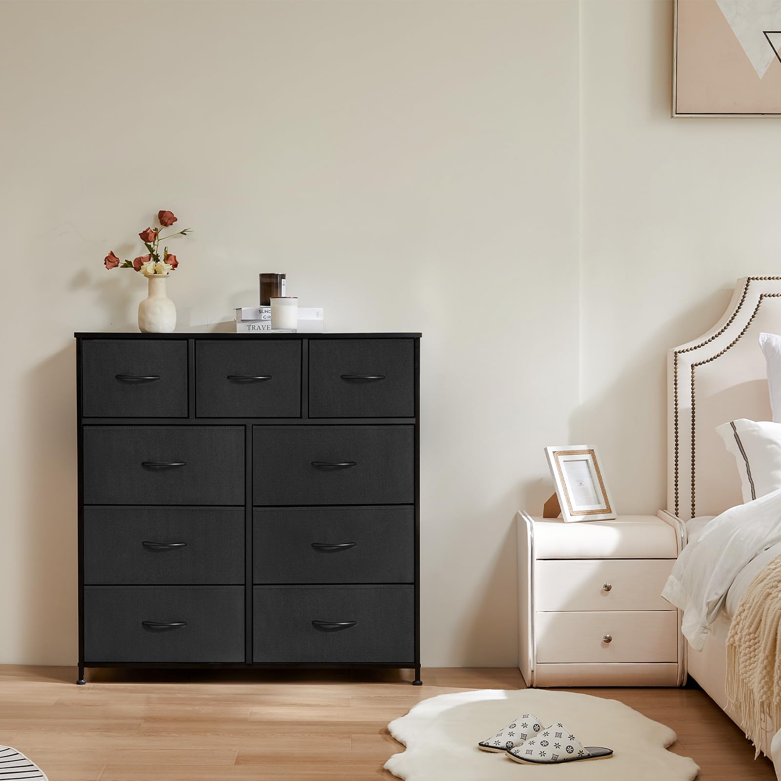 ANTONIA 9-Drawer Dresser for Bedroom - Tall Fabric Storage Tower with Cabinet & Wooden Top | Metal Frame Clothing Organizer for Closet, Nursery & Kids Room | Lightweight Chest Furniture in Black | Perfect for Small Spaces, Baby Essentials & Wardrobe Organization