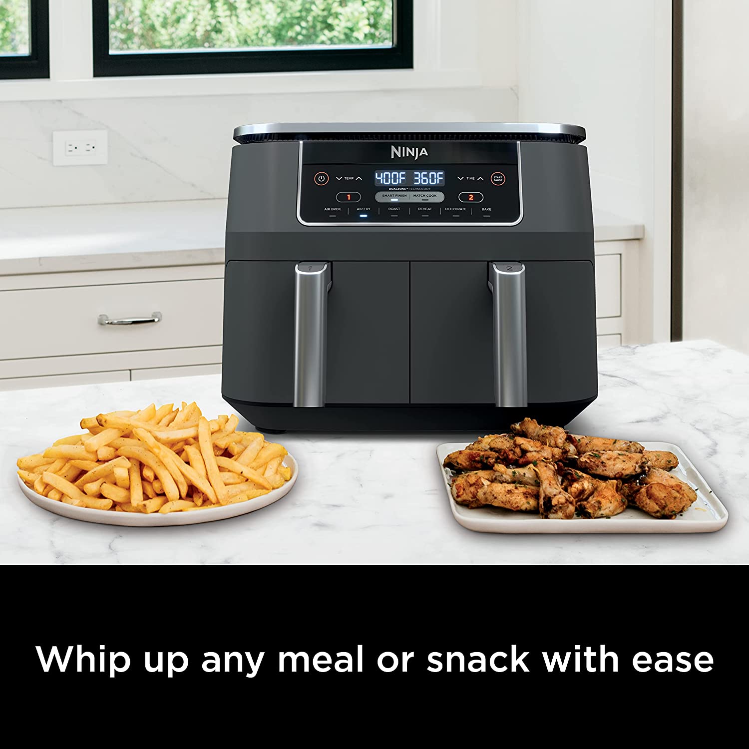 Ninja DZ201 Foodi 8 Quart 6-in-1 DualZone Air Fryer with 2 Independent Baskets - Match Cook & Smart Finish Technology for Roasting, Broiling, Dehydrating - Perfect for Quick Family Meals, Healthy Cooking & Party Snacks