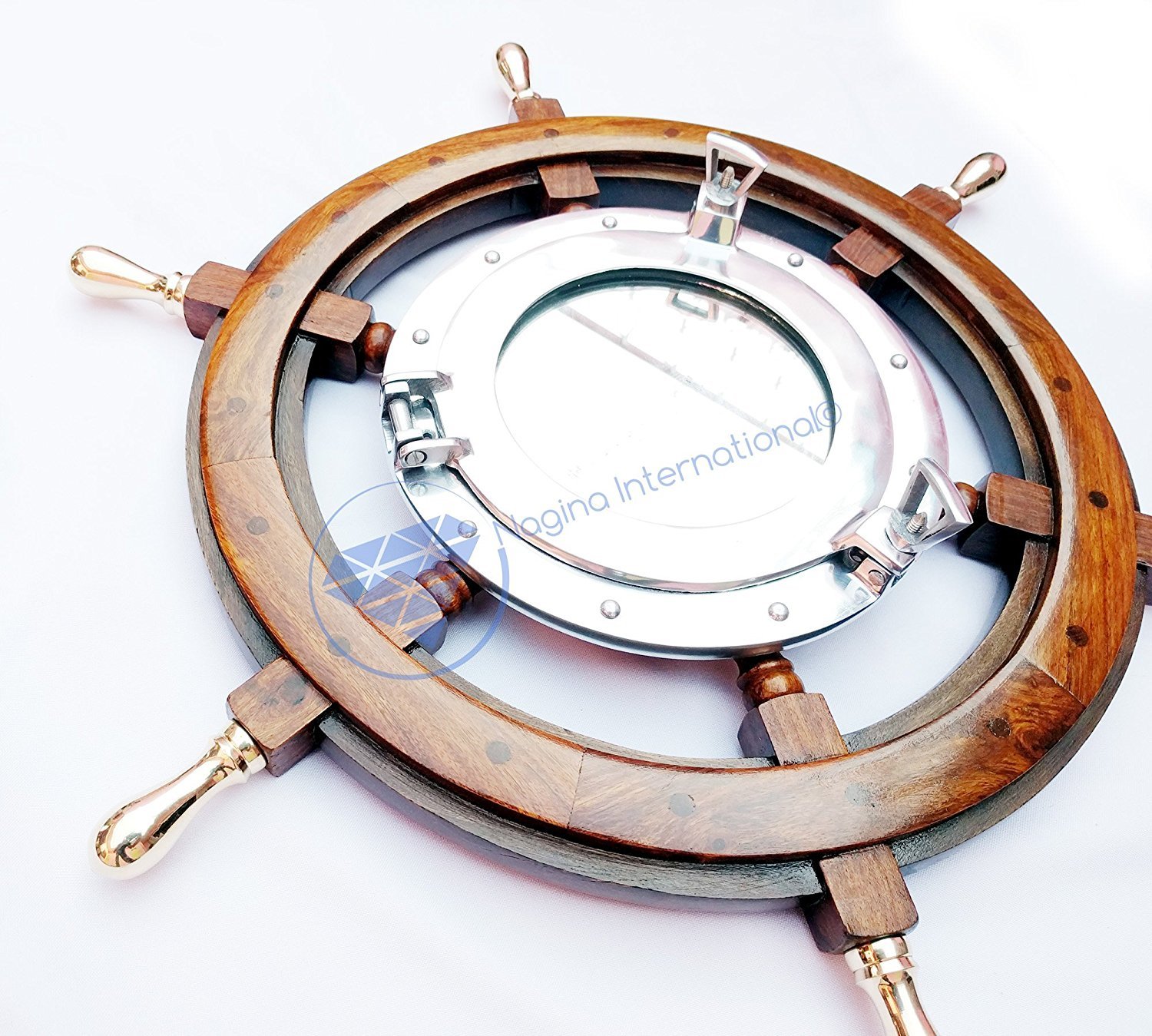 Nautical Brass Handle Aluminum Porthole Mirror with Ship Wheel Design - 30 Inch Coastal Decor for Bathroom, Beach House & Boat | Perfect Gift for Sea Lovers