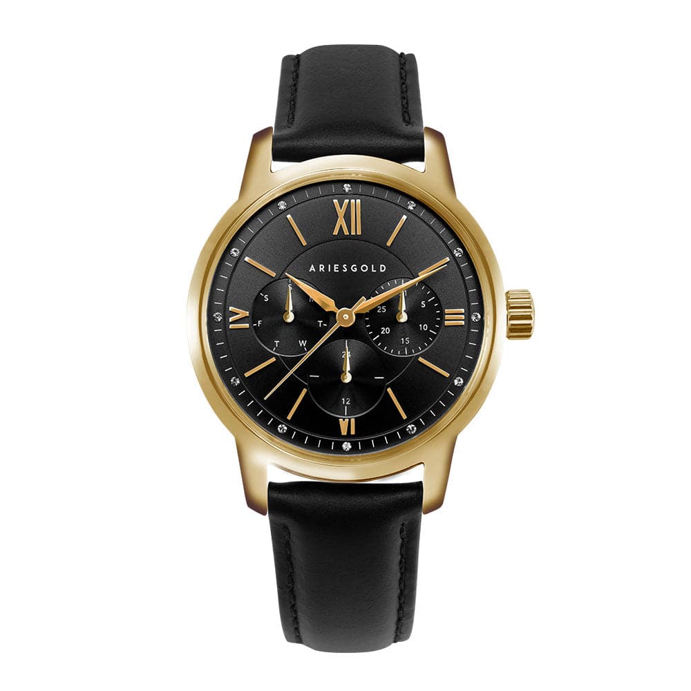 ARIES GOLD URBAN ETERNAL Stainless Steel Women's Watch with Black Leather Strap - Fashion Accessory for Everyday Wear & Special Occasions