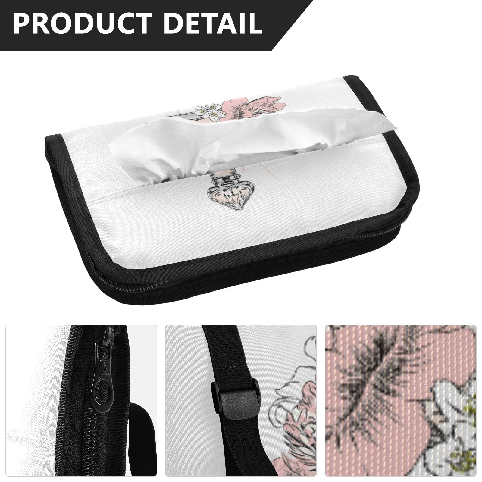 Light Pink Perfume Bottle & Floral Car Tissue Holder - Adjustable Sun Visor Napkin Box with Zipper for Backseat, Perfect for Trucks & Cars | Keep Your Vehicle Clean & Organized