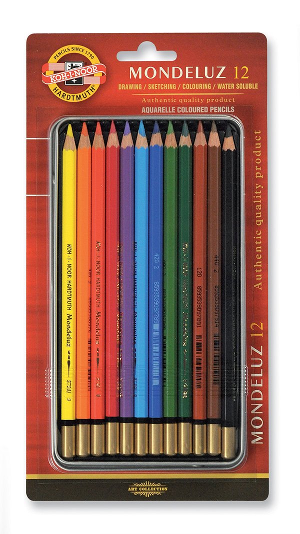 Koh-I-Noor Mondeluz Watercolor Pencils Set of 12 Assorted Colors - Wooden Case, Vibrant Pigments for Artists & Students - Perfect for Sketching, Coloring & Mixed Media Art (14 x 3 x 1 cm)
