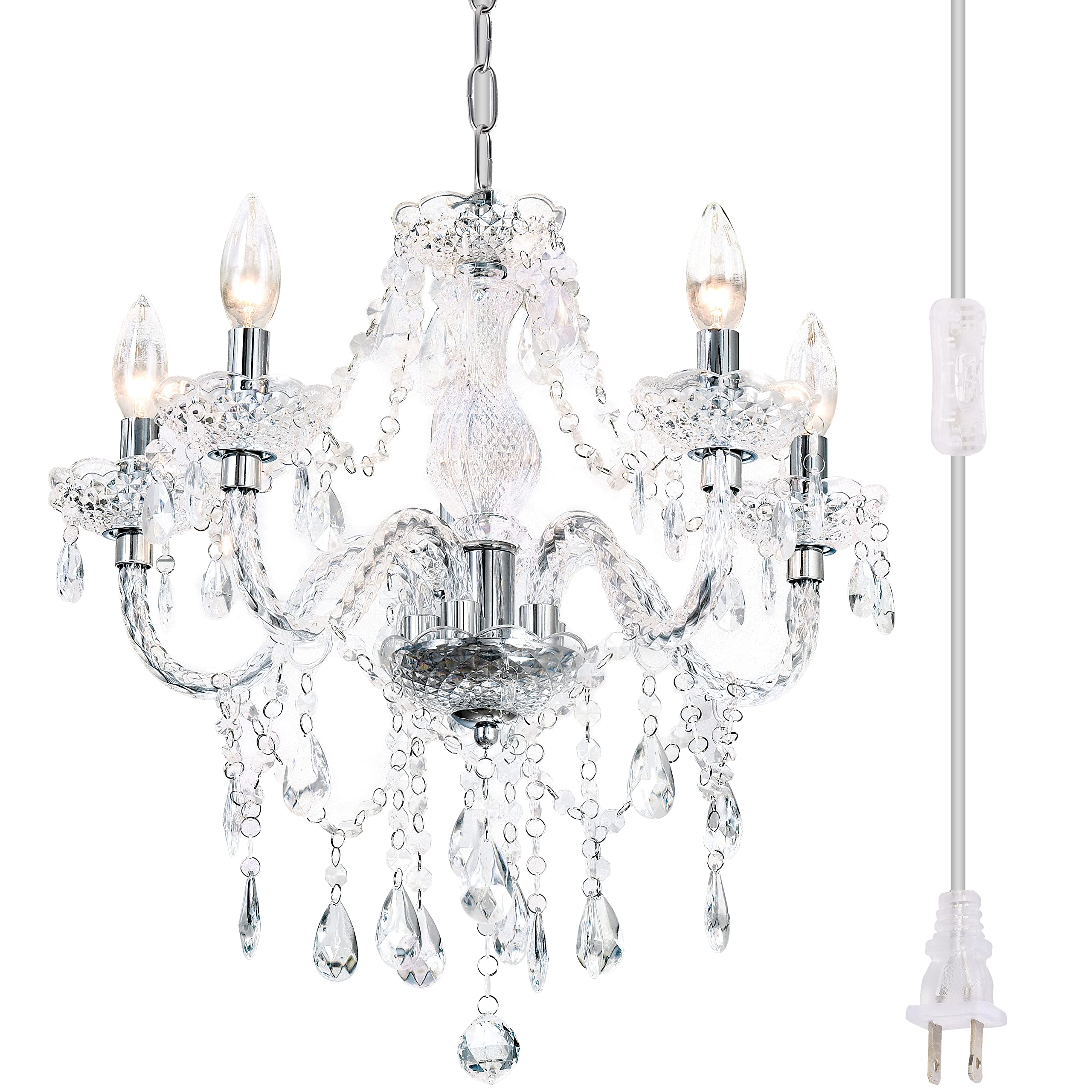 5-Light Crystal Hanging Pendant Chandelier with Clear Cord & On/Off Switch - 19