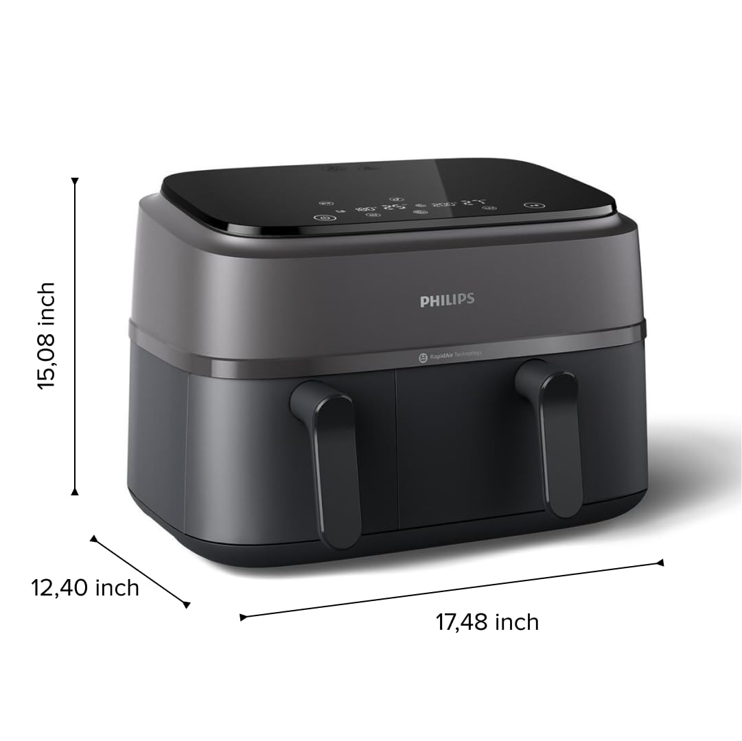 Philips Dual Basket Air Fryer 3000 Series - 8-in-1 Functions, 9.5 Quart Capacity, 2 Drawers with Auto-Sync Cooking | 90% Less Fat, Rapid Air Technology | HomeID Recipe App, Dishwasher Safe | Perfect for Family Meals, Healthy Snacks & Party Cooking (Black, Model NA350/00)