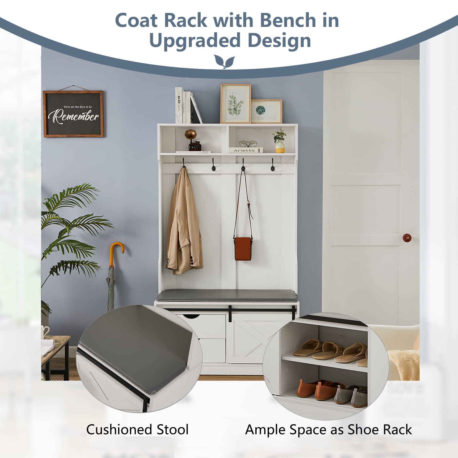 Farmhouse Entryway Hall Tree with Padded Storage Bench, Coat Rack & Sliding Barn Door Shoe Cabinet - 2 Drawers Mudroom Organizer in Distressed White | Perfect for Small Spaces, Entryway Storage & Shoe Organization