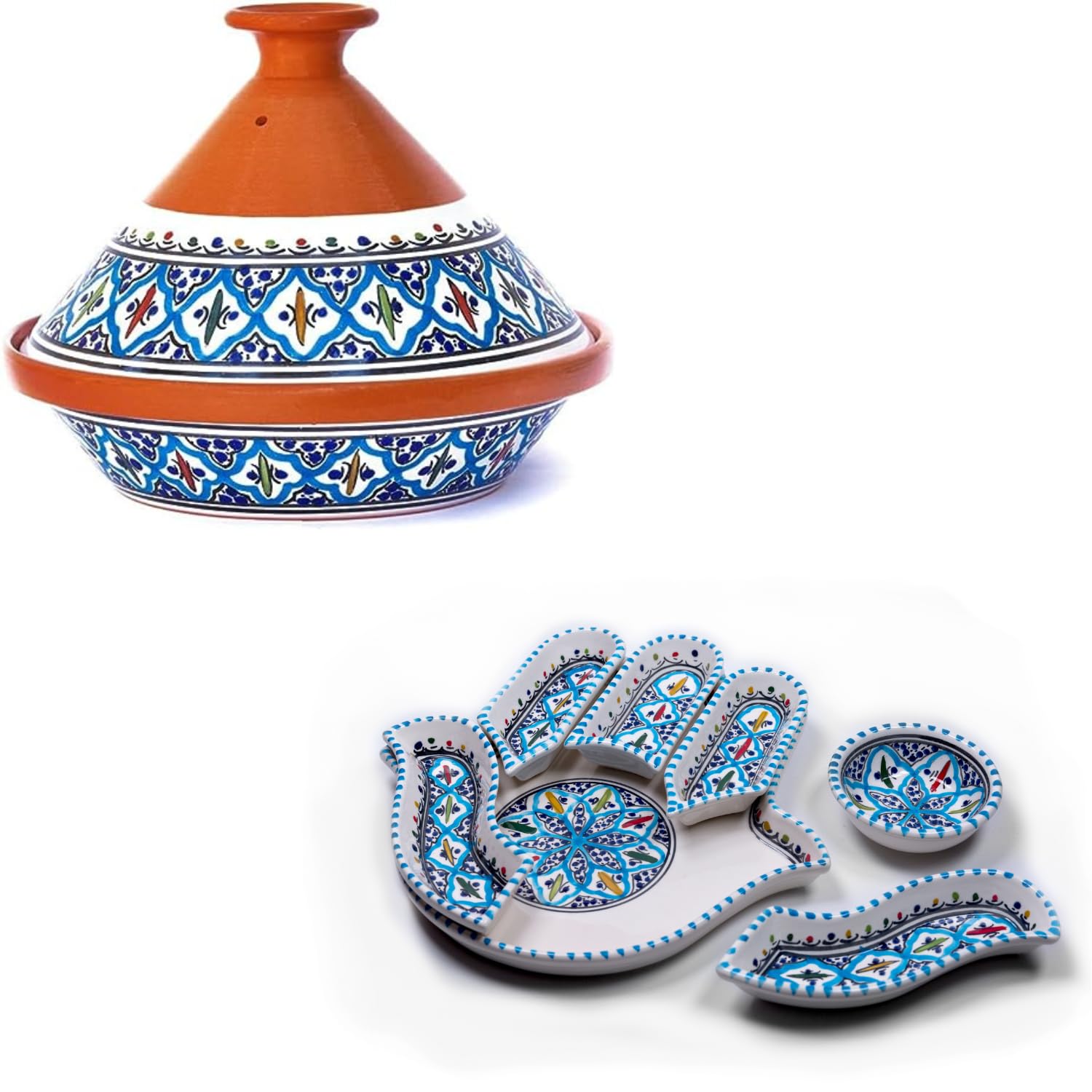 Supreme Turquoise Tagine & Hamsa Serving Platter Set | Handmade Moroccan Ceramic Cookware & Serveware | Medium Tagine with Appetizer Tray | Perfect for Moroccan Cuisine, Dinner Parties & Home Decor