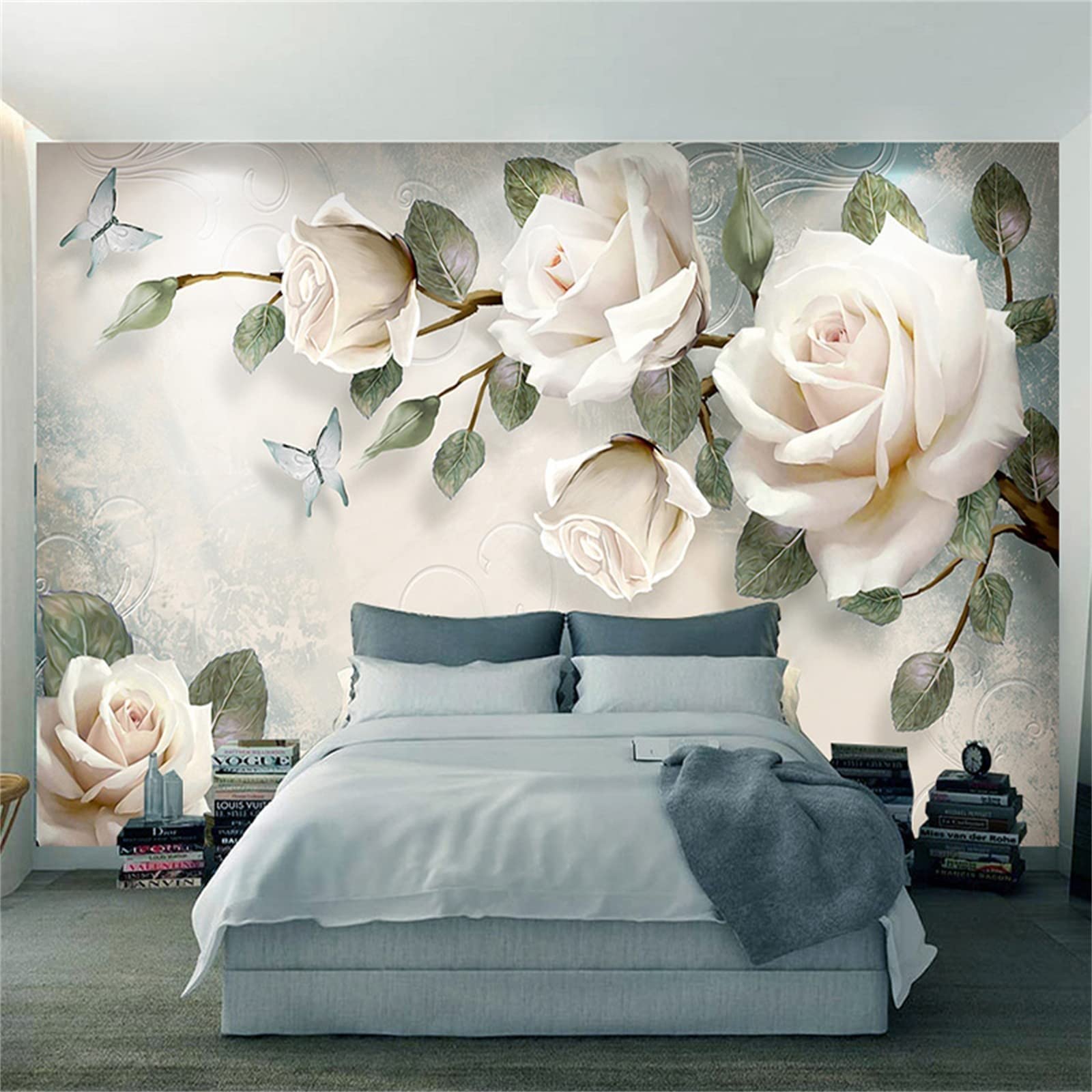 White Rose Wall Mural Art Wallpaper - Modern Creative Flower Custom Wall Poster for Living Room, Dining Room & Bedroom Decor - 157.5