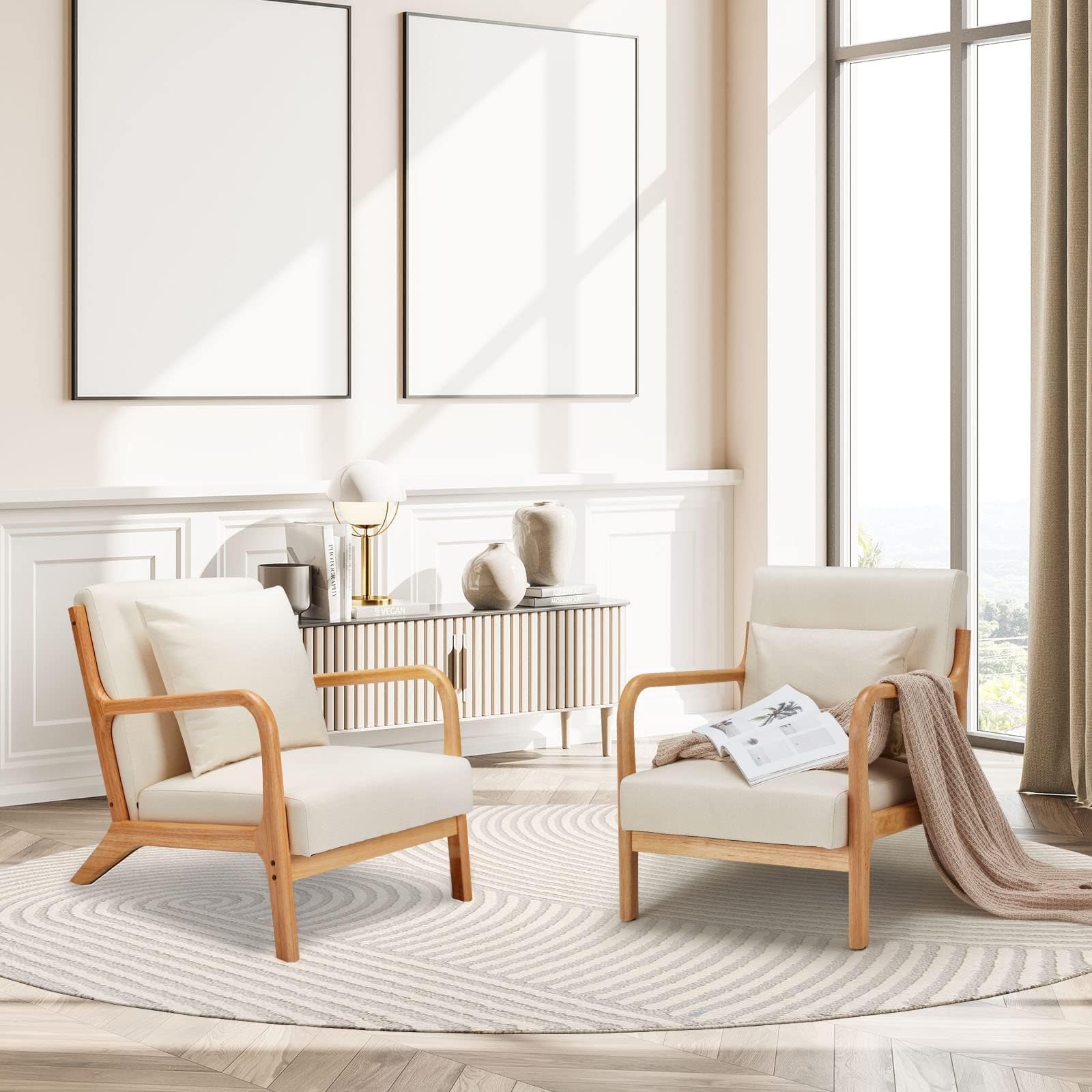 Esright Mid Century Modern Accent Chair - Solid Wood Frame, Upholstered Small Side Chair for Living Room & Bedroom - Comfortable Lounge Reading Armchair in Beige | Perfect for Small Spaces, Home Office & Cozy Corners