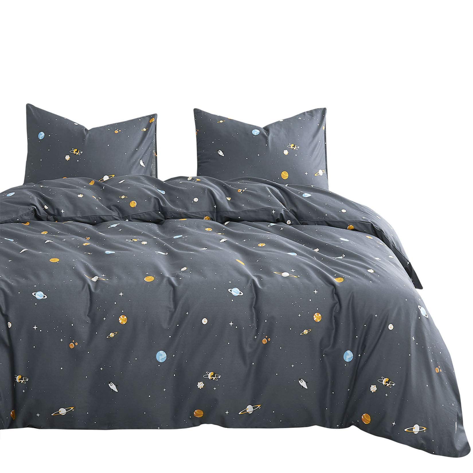 Wake In Cloud - 100% Cotton Space Themed Comforter Set with Constellation, Stars & Astronaut Design for Kids & Teens | 3-Piece Bedding Set in Gray | King Size | Perfect for Boys' Bedrooms & Space-Themed Decor